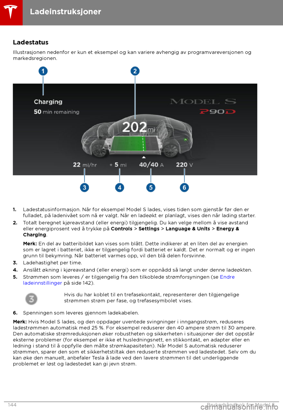 TESLA MODEL S 2018 Brukerhåndbok (in Norwegian) Ladestatus
Illus trasjonen nedenfor er kun et eksempel og kan variere avhengig av programvareversjonen og
markedsregionen. 1.
Lades
tatusinformasjon. Når for eksempel Model S lades, vises tiden som g TESLA MODEL S 2018 Brukerhåndbok (in Norwegian) Ladestatus
Illus trasjonen nedenfor er kun et eksempel og kan variere avhengig av programvareversjonen og
markedsregionen. 1.
Lades
tatusinformasjon. Når for eksempel Model S lades, vises tiden som g