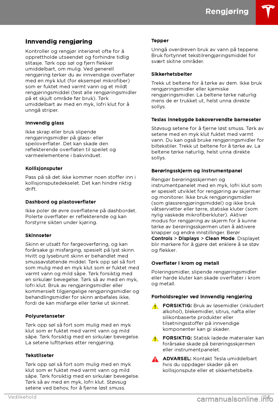 TESLA MODEL S 2018 Brukerhåndbok (in Norwegian) Innvendig rengj TESLA MODEL S 2018 Brukerhåndbok (in Norwegian) Innvendig rengj