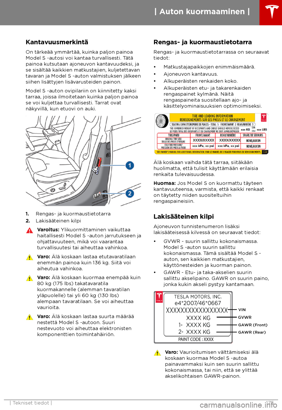 TESLA MODEL S 2018  Omistajan käsikirja (in Finnish)  Kantavuusmerkint