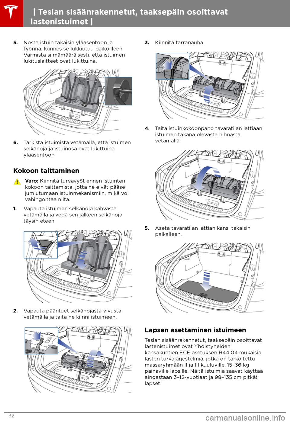 TESLA MODEL S 2018  Omistajan käsikirja (in Finnish)  5.
Nosta istuin takaisin yl