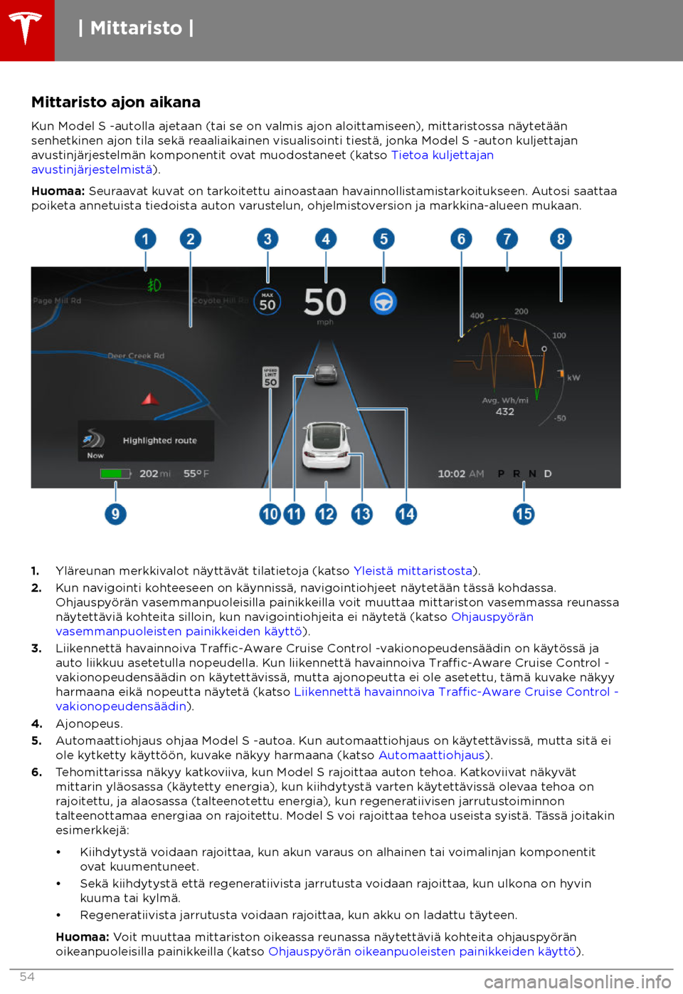 TESLA MODEL S 2018  Omistajan käsikirja (in Finnish)  Mittaristo ajon aikana
K un Model S -autolla ajetaan (tai se on valmis ajon aloittamiseen), mittaristossa n