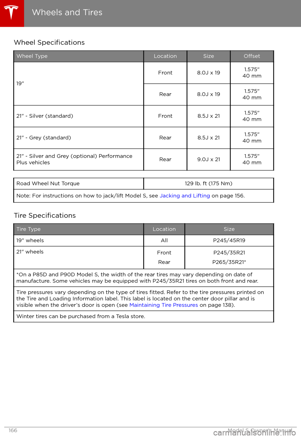 TESLA MODEL S 2017  Owners Manual Wheel SpecificationsWheel TypeLocationSizeOffset
19"
Front8.0J x 191.575"
40 mmRear8.0J x 191.575"
40 mm21" - Silver (standard)Front8.5J x 211.575"
40 mm21" - Grey (standard)Rear8.5J x 211.575"
40 mm2
