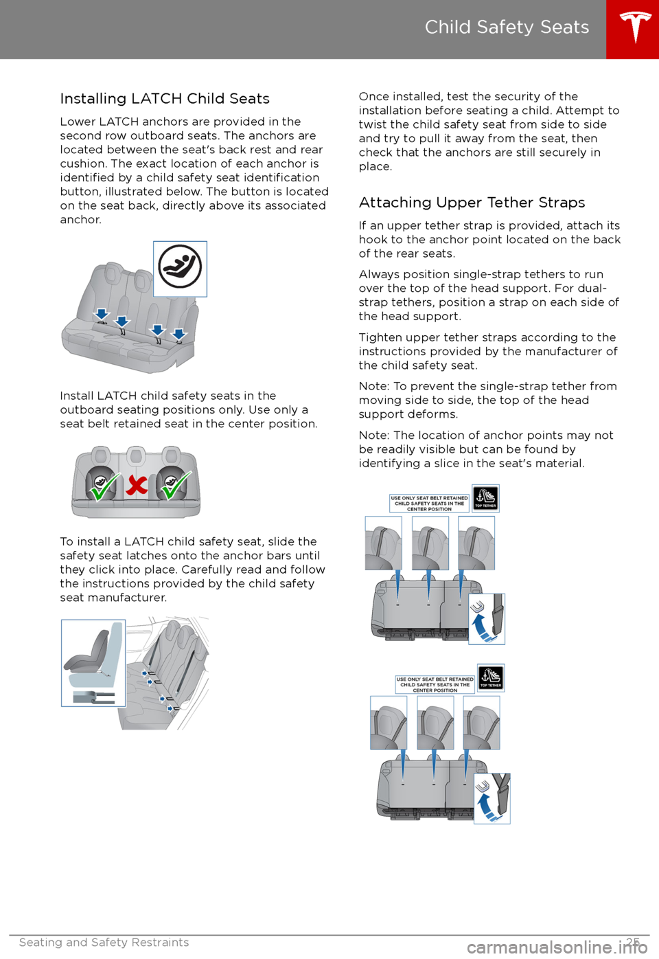 TESLA MODEL S 2017 Owners Guide Installing LATCH Child Seats
Lower LATCH anchors are provided in the
second row outboard seats. The anchors are
located between the seat