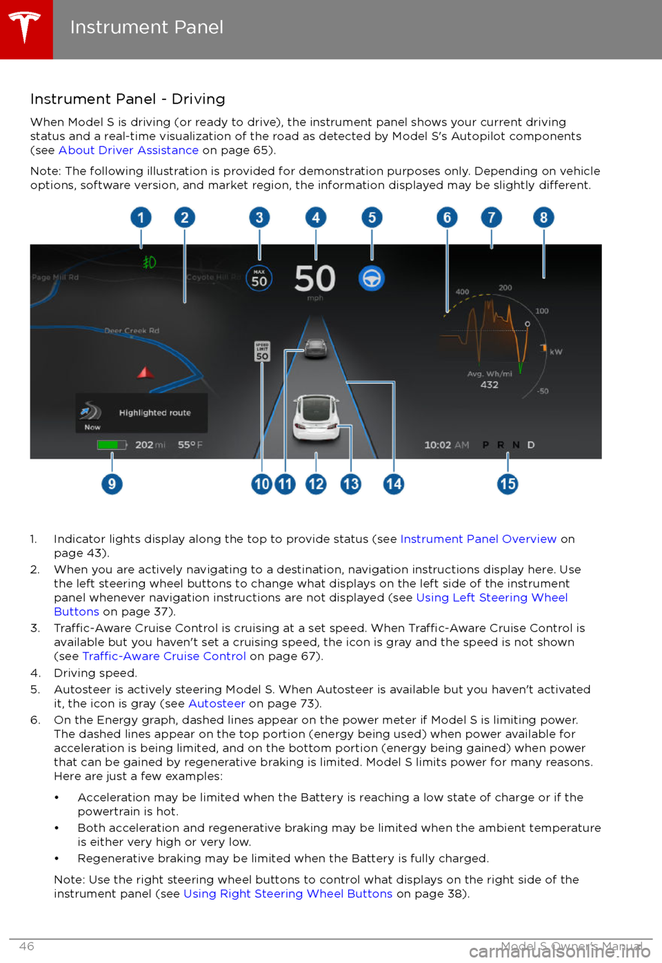 TESLA MODEL S 2017 Service Manual Instrument Panel - DrivingWhen Model S is driving (or ready to drive), the instrument panel shows your current drivingstatus and a real-time visualization of the road as detected by Model S