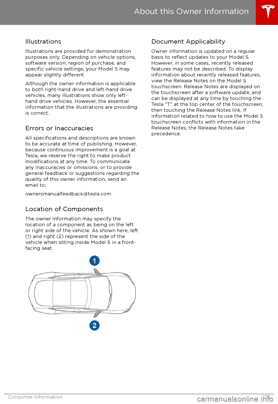 TESLA MODEL S 2017 Owners Manual (UK) IllustrationsIllustrations are provided for demonstration
purposes only. Depending on vehicle options, software version, region of purchase, and
specific vehicle settings, your Model S may
appear slig TESLA MODEL S 2017 Owners Manual (UK) IllustrationsIllustrations are provided for demonstration
purposes only. Depending on vehicle options, software version, region of purchase, and
specific vehicle settings, your Model S may
appear slig