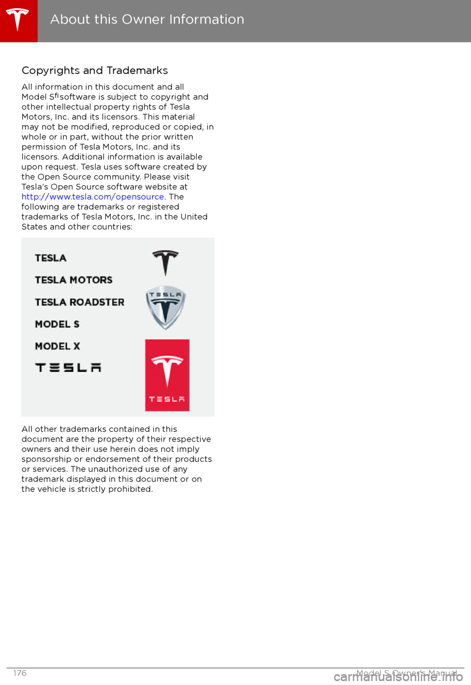 TESLA MODEL S 2017 Owners Manual (UK) Copyrights and TrademarksAll information in this document and all
Model S TESLA MODEL S 2017 Owners Manual (UK) Copyrights and TrademarksAll information in this document and all
Model S