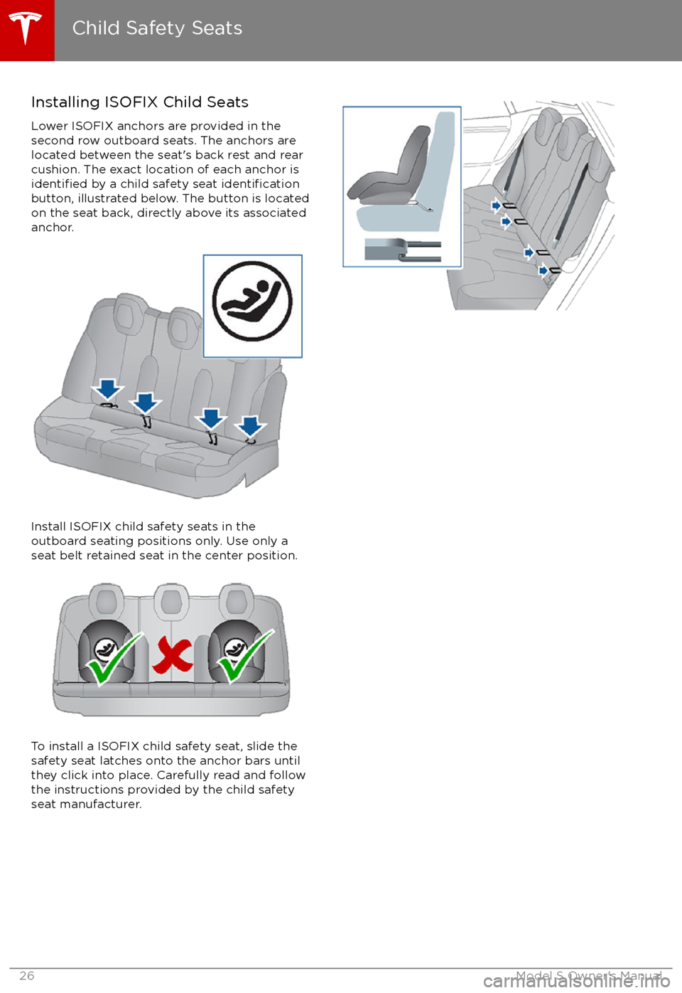 TESLA MODEL S 2017   (UK)  Owners Guide Installing ISOFIX Child Seats
Lower ISOFIX anchors are provided in the second row outboard seats. The anchors are
located between the seat