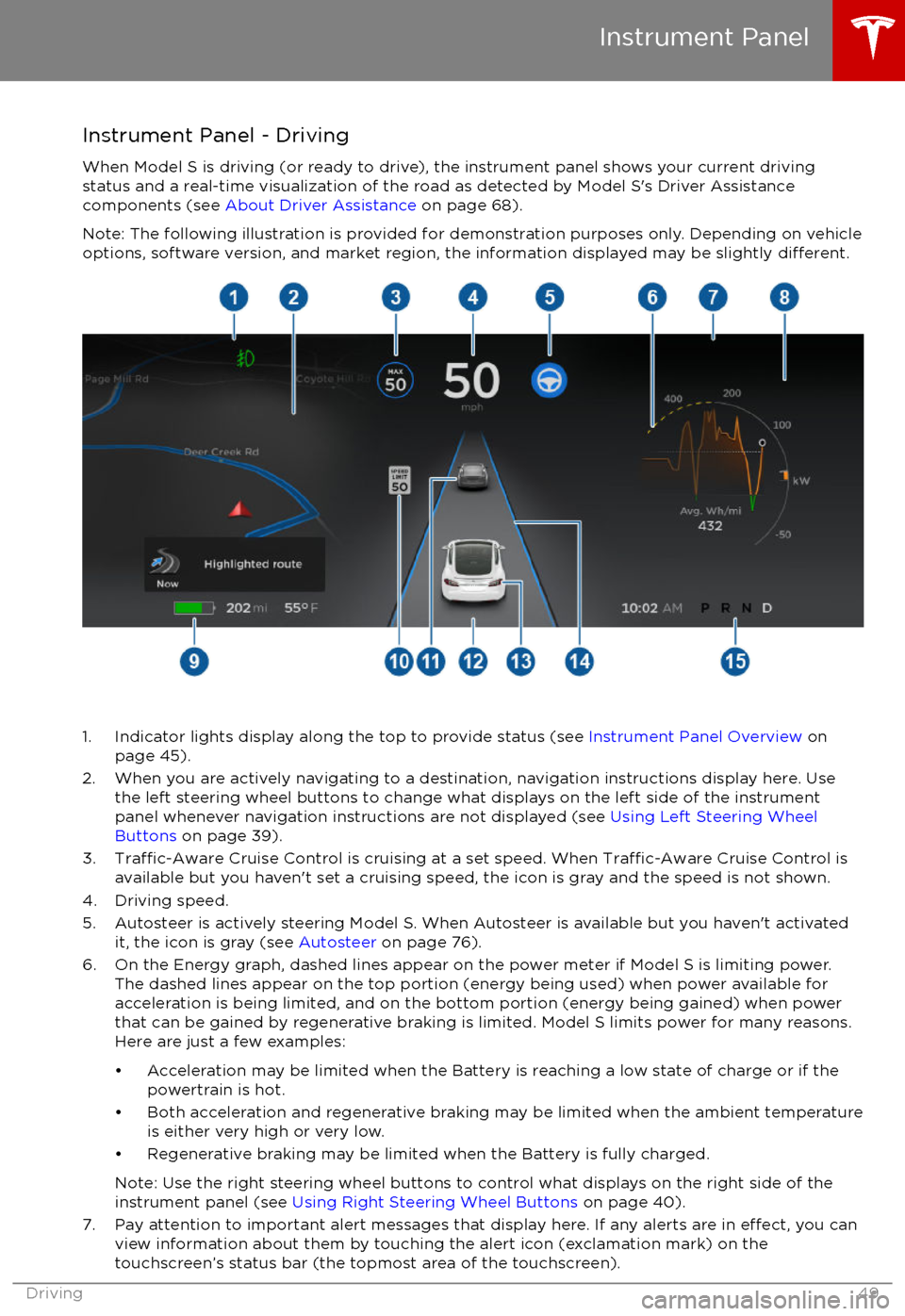 TESLA MODEL S 2017 Owners Manual (UK) Instrument Panel - DrivingWhen Model S is driving (or ready to drive), the instrument panel shows your current drivingstatus and a real-time visualization of the road as detected by Model S TESLA MODEL S 2017 Owners Manual (UK) Instrument Panel - DrivingWhen Model S is driving (or ready to drive), the instrument panel shows your current drivingstatus and a real-time visualization of the road as detected by Model S