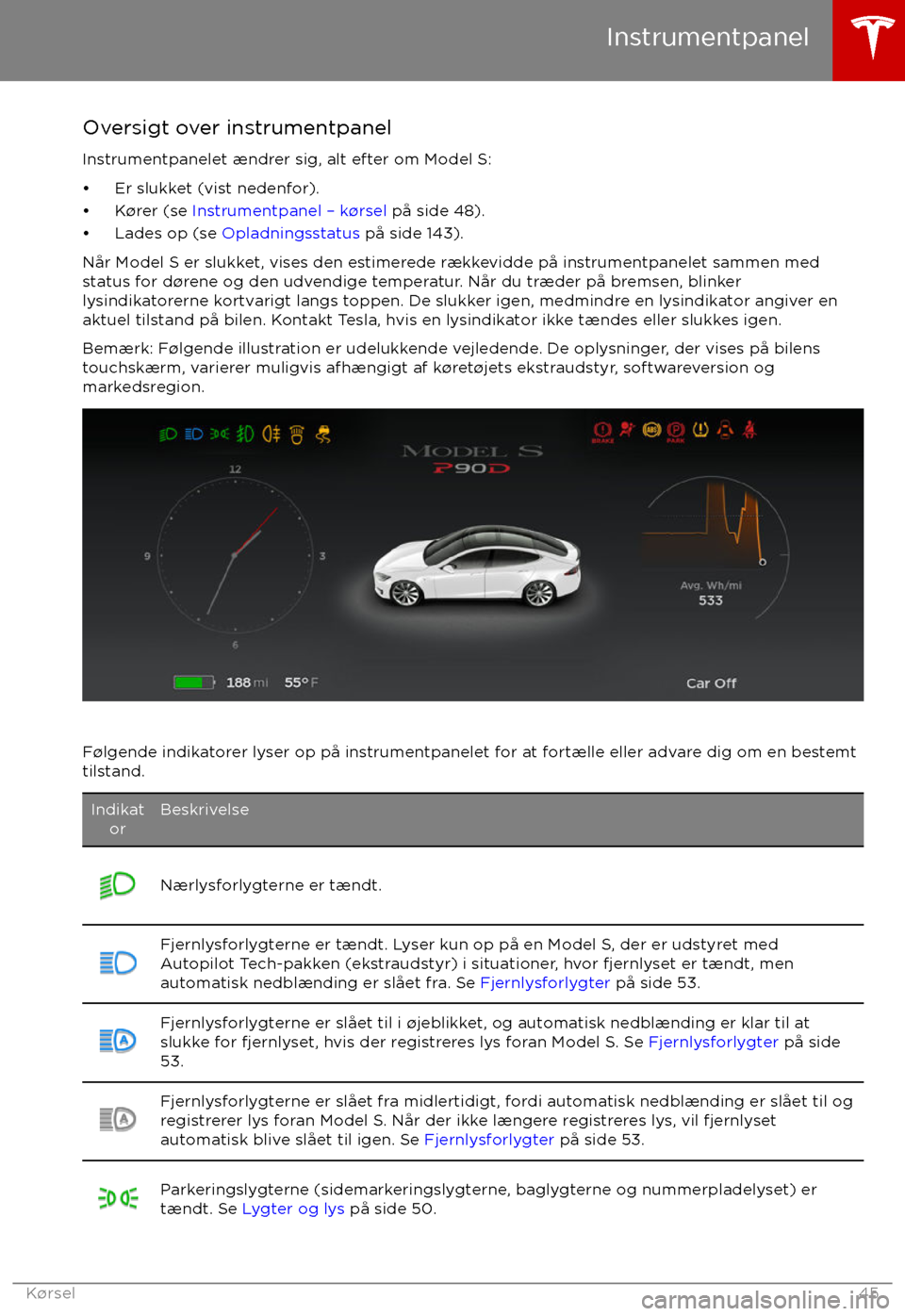 TESLA MODEL S 2017  Instruktionsbog (in Danish) Oversigt over instrumentpanelInstrumentpanelet ændrer sig, alt efter om Model S: