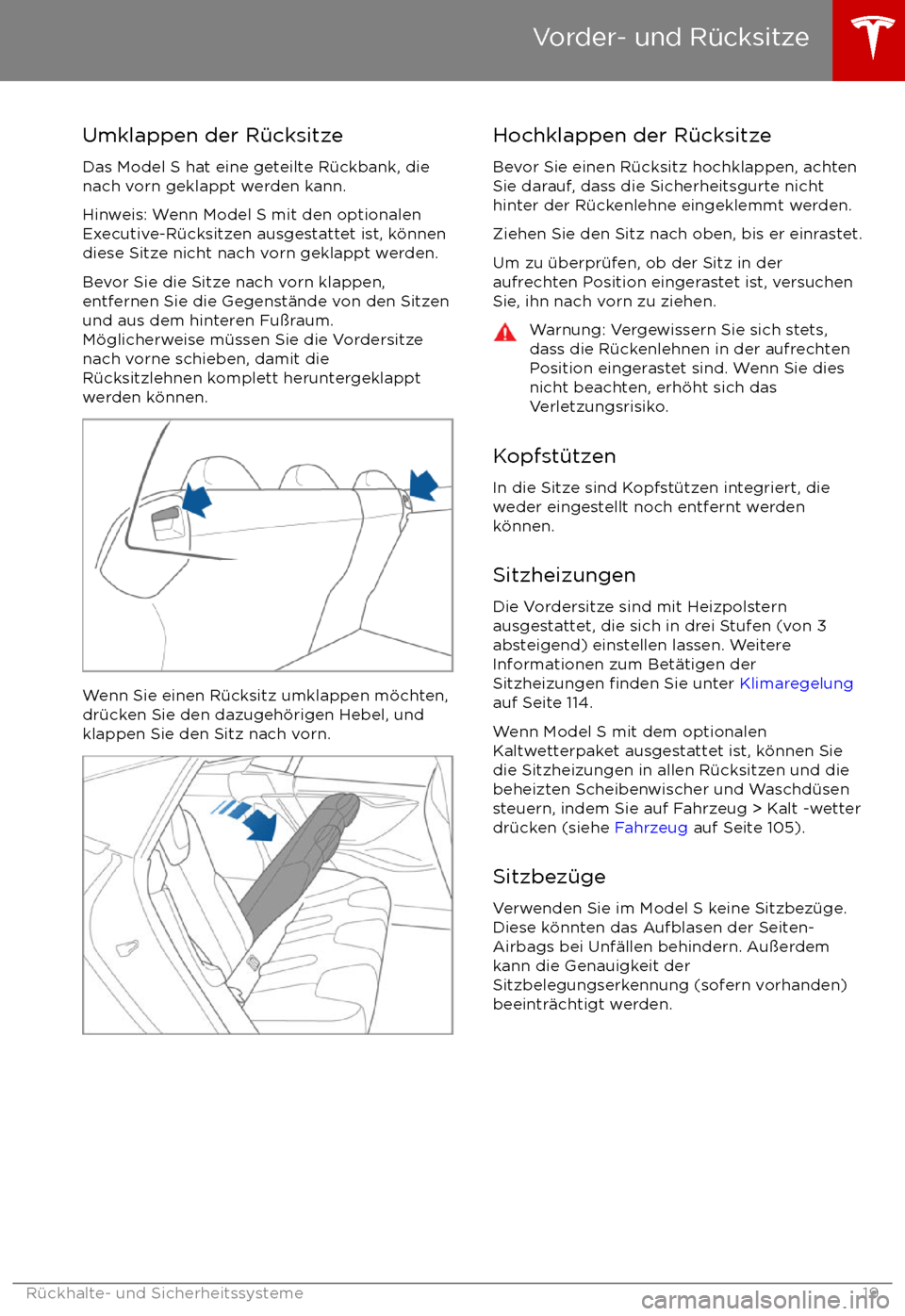 TESLA MODEL S 2017 Betriebsanleitung (in German) Umklappen der R TESLA MODEL S 2017 Betriebsanleitung (in German) Umklappen der R