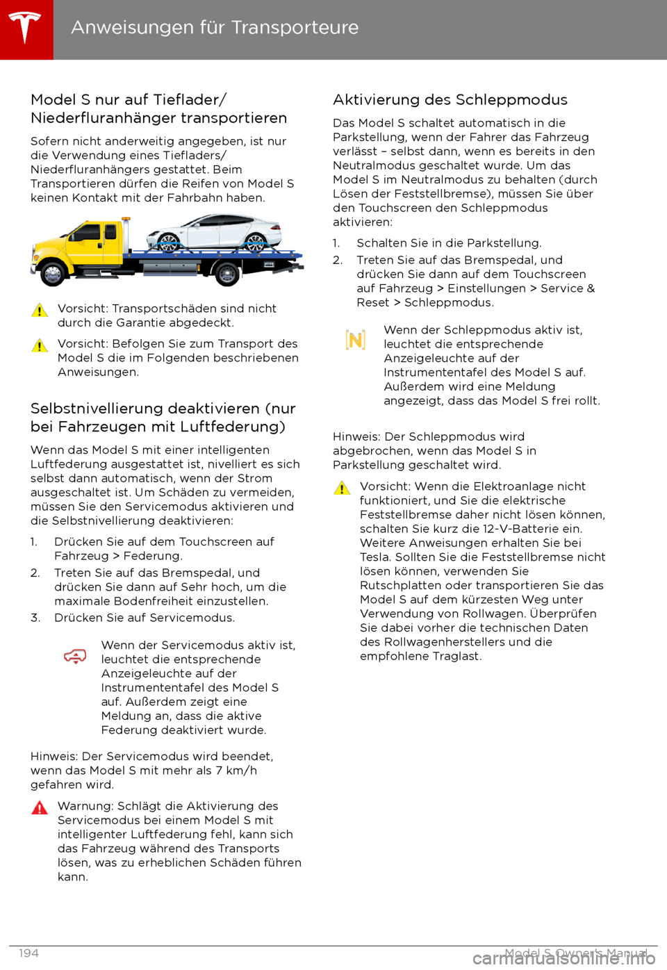 TESLA MODEL S 2017 Betriebsanleitung (in German) Model S nur auf Tieflader/
Niederfluranh TESLA MODEL S 2017 Betriebsanleitung (in German) Model S nur auf Tieflader/
Niederfluranh