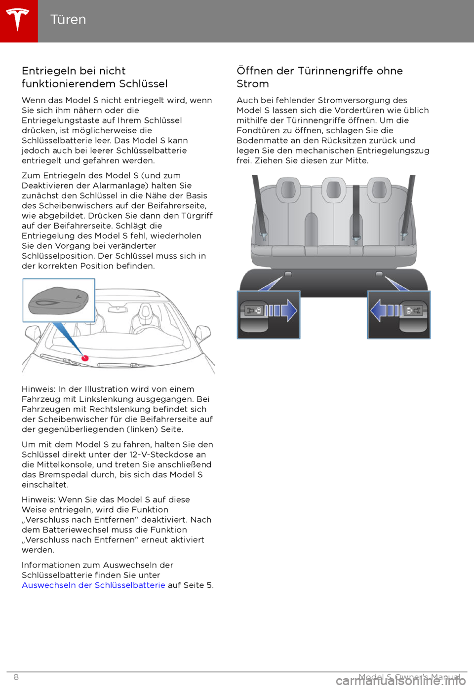 TESLA MODEL S 2017  Betriebsanleitung (in German)  Entriegeln bei nicht
funktionierendem Schl
