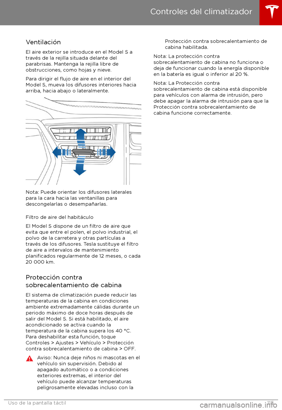 TESLA MODEL S 2017 Manual del propietario (in Spanish) Ventilaci TESLA MODEL S 2017 Manual del propietario (in Spanish) Ventilaci