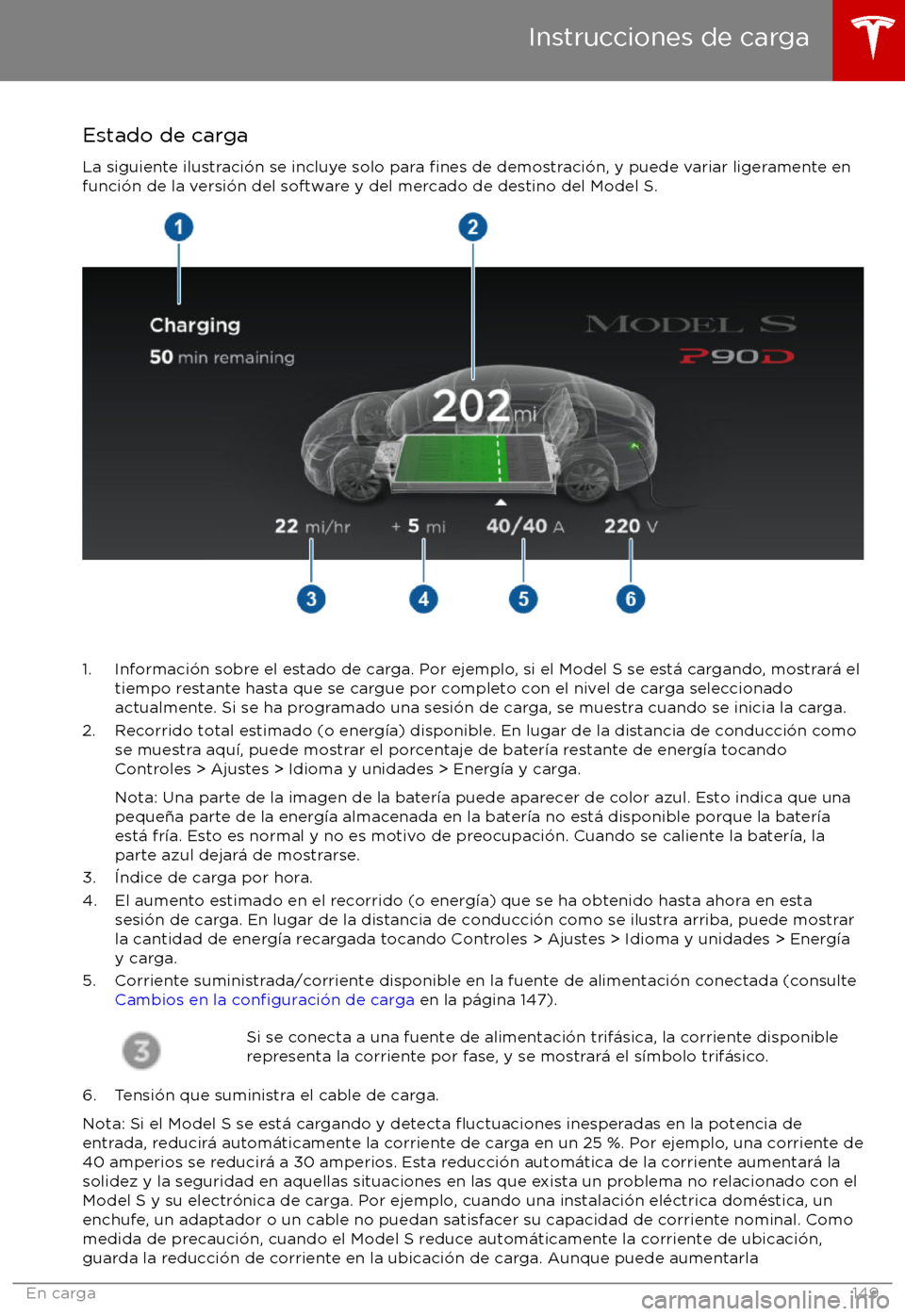 TESLA MODEL S 2017 Manual del propietario (in Spanish) Estado de carga
La siguiente ilustraci TESLA MODEL S 2017 Manual del propietario (in Spanish) Estado de carga
La siguiente ilustraci