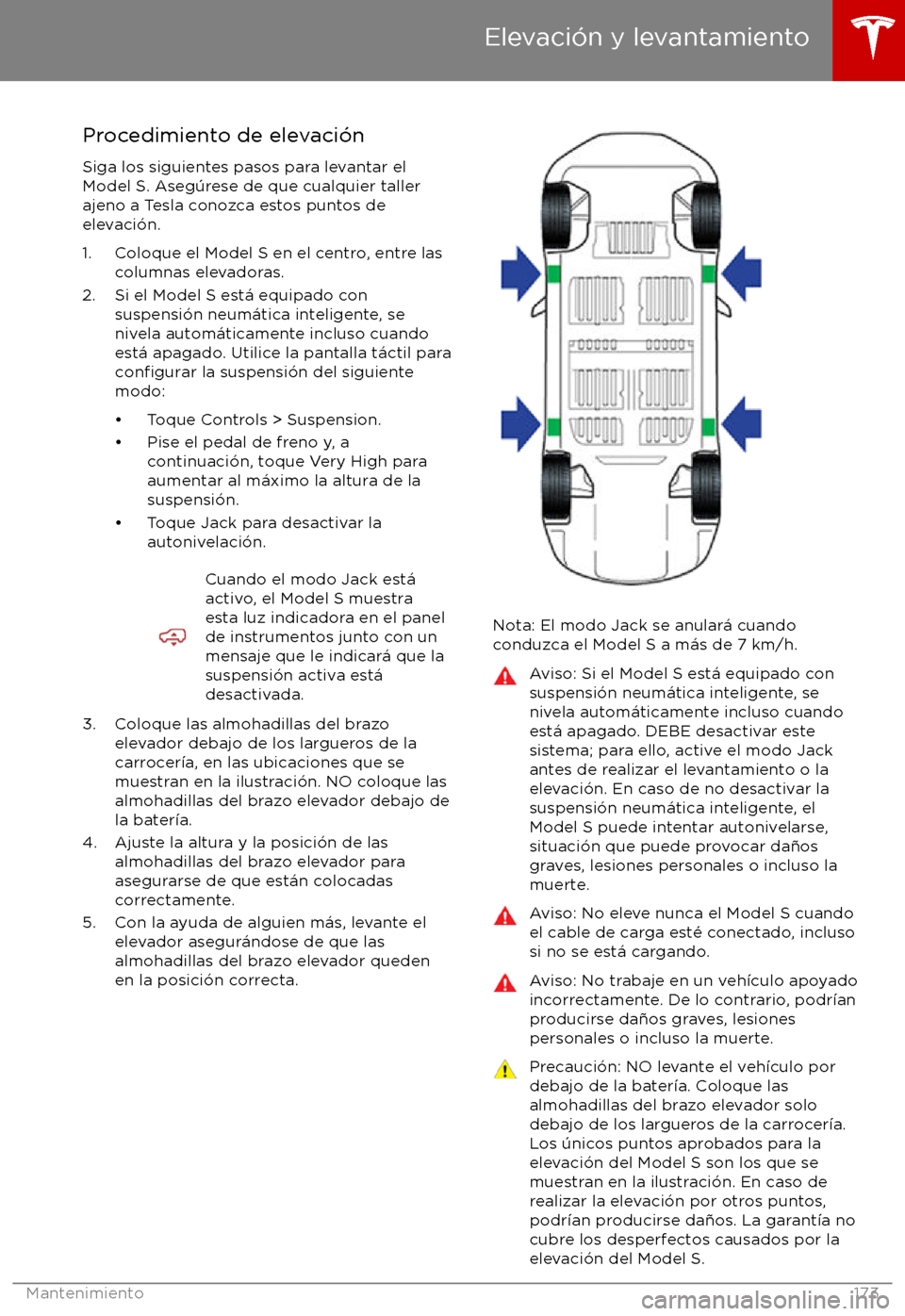 TESLA MODEL S 2017 Manual del propietario (in Spanish) Procedimiento de elevaci TESLA MODEL S 2017 Manual del propietario (in Spanish) Procedimiento de elevaci