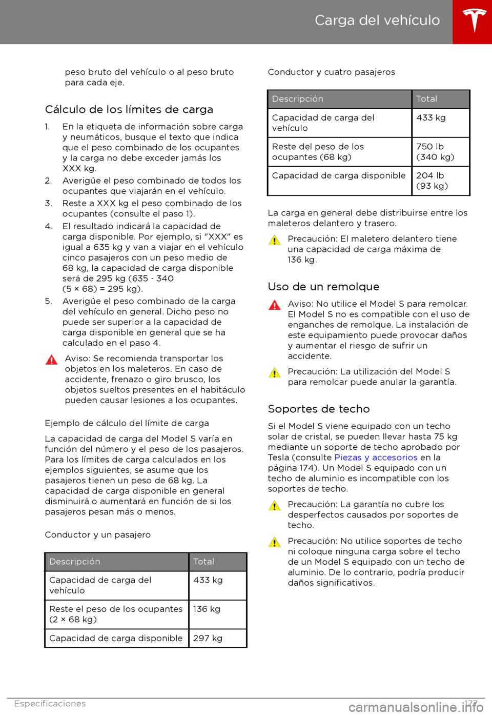 TESLA MODEL S 2017 Manual del propietario (in Spanish) peso bruto del veh TESLA MODEL S 2017 Manual del propietario (in Spanish) peso bruto del veh