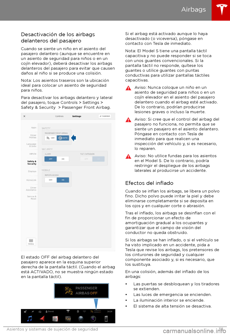 TESLA MODEL S 2017 Manual del propietario (in Spanish) Desactivaci TESLA MODEL S 2017 Manual del propietario (in Spanish) Desactivaci