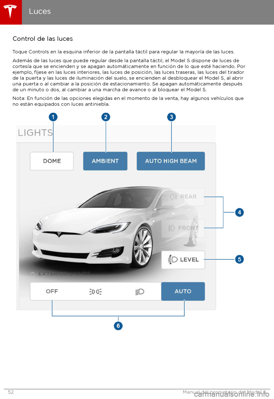 TESLA MODEL S 2017 Manual del propietario (in Spanish) Control de las lucesToque Controls en la esquina inferior de la pantalla t TESLA MODEL S 2017 Manual del propietario (in Spanish) Control de las lucesToque Controls en la esquina inferior de la pantalla t