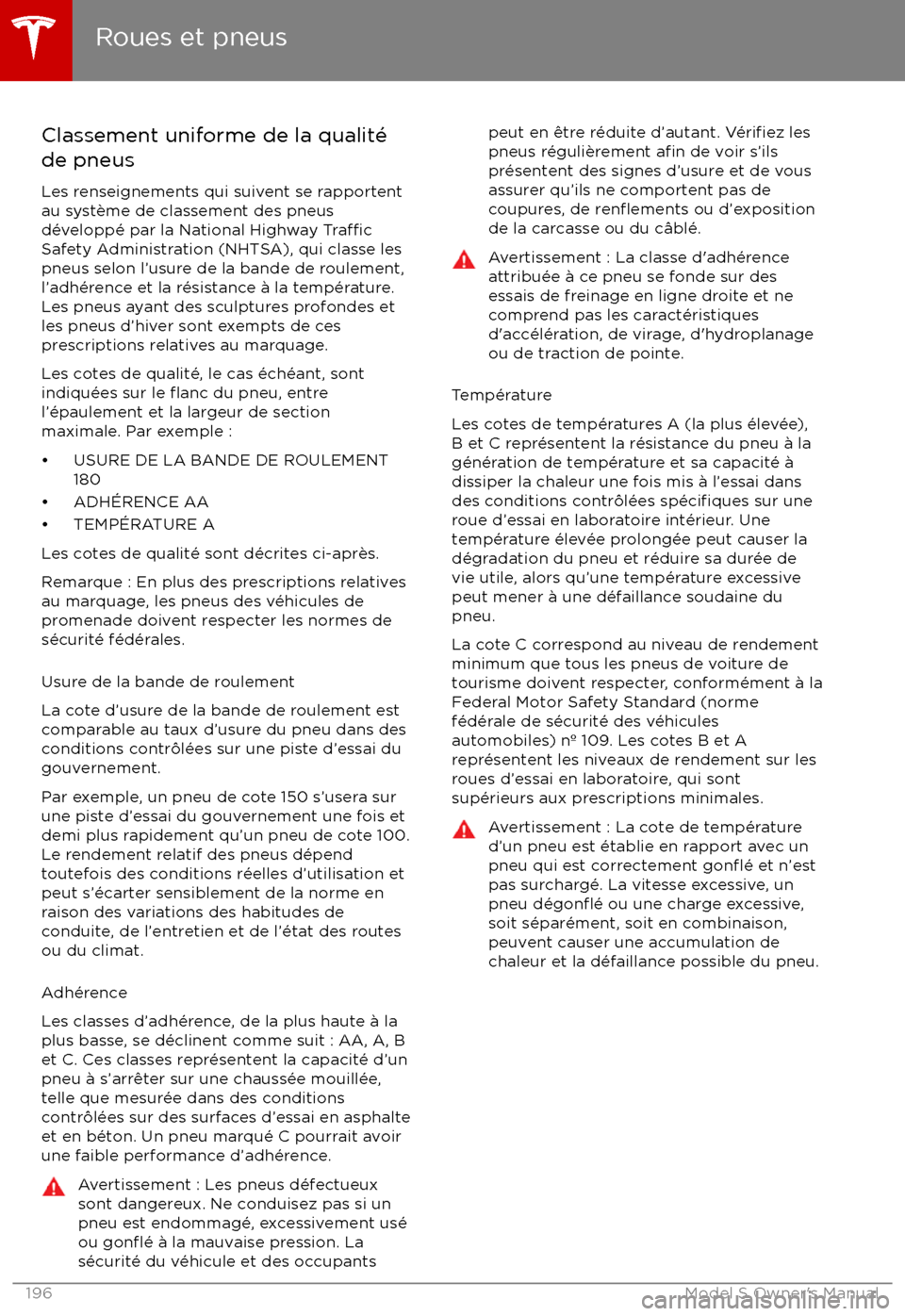TESLA MODEL S 2017 Manuel du propriétaire (Canada) (in French) Classement uniforme de la qualit TESLA MODEL S 2017 Manuel du propriétaire (Canada) (in French) Classement uniforme de la qualit