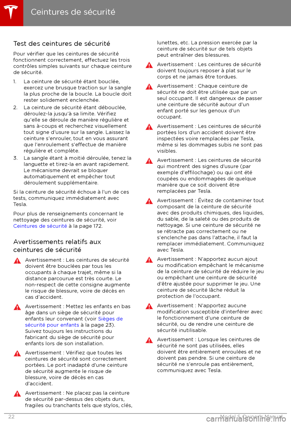 TESLA MODEL S 2017  Manuel du propriétaire (Canada) (in French) Test des ceintures de s