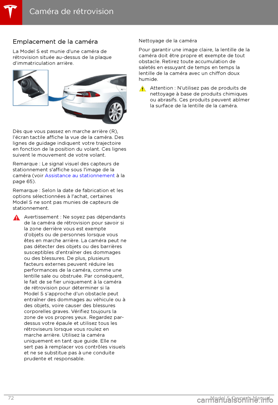 TESLA MODEL S 2017 Manuel du propriétaire (Canada) (in French) Emplacement de la cam TESLA MODEL S 2017 Manuel du propriétaire (Canada) (in French) Emplacement de la cam