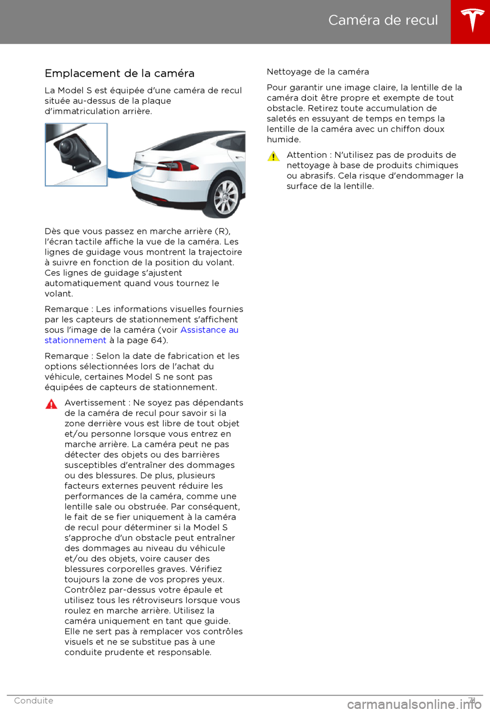 TESLA MODEL S 2017 Manuel du propriétaire (in French) Emplacement de la cam TESLA MODEL S 2017 Manuel du propriétaire (in French) Emplacement de la cam