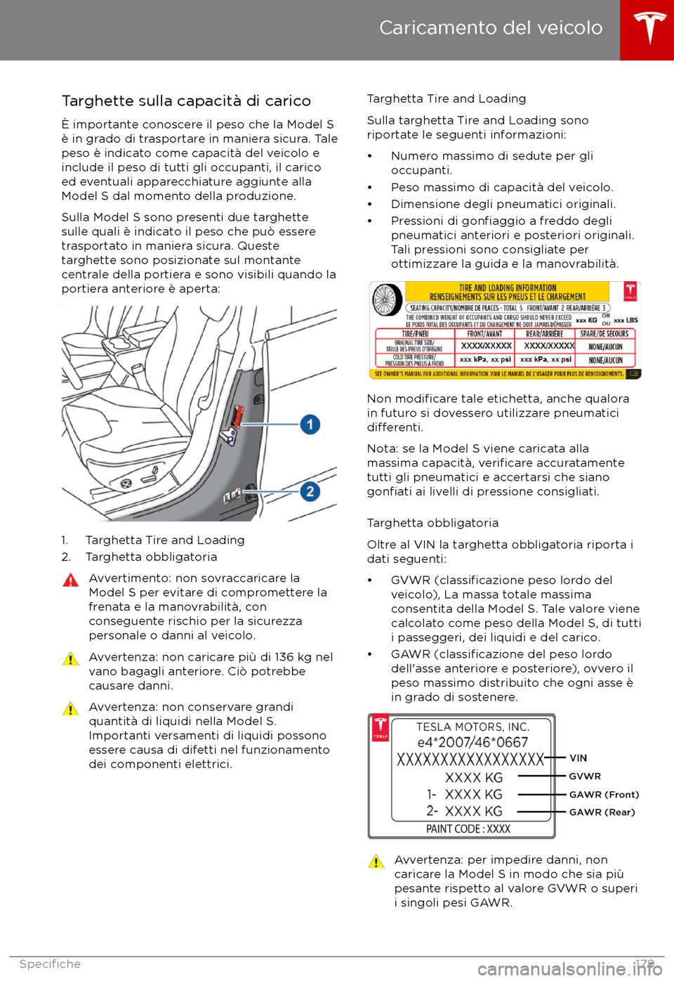 TESLA MODEL S 2017 Manuale del proprietario (in Italian) Targhette sulla capacit TESLA MODEL S 2017 Manuale del proprietario (in Italian) Targhette sulla capacit