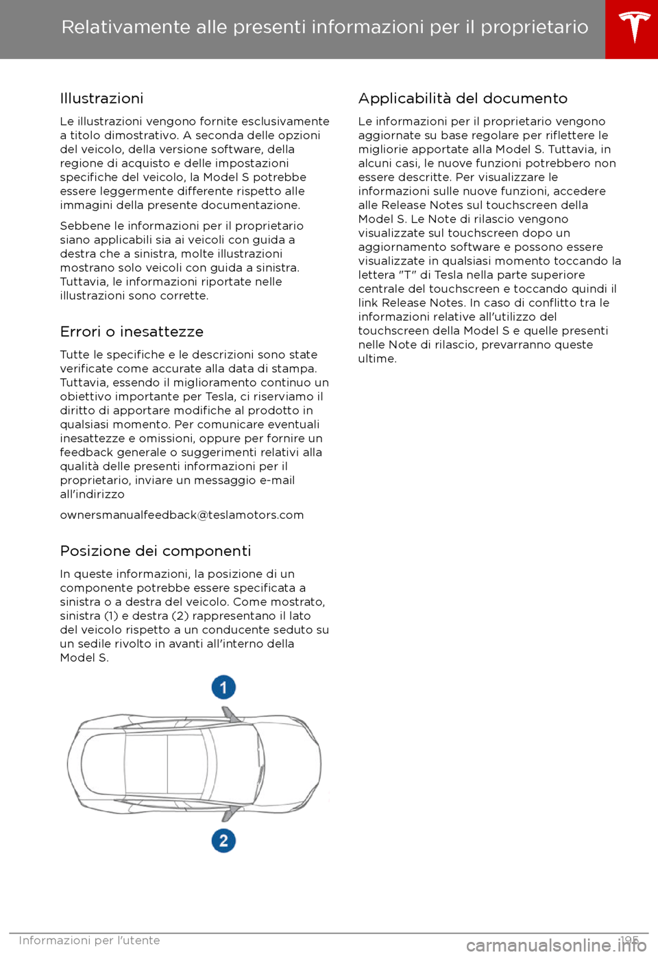 TESLA MODEL S 2017  Manuale del proprietario (in Italian) Illustrazioni
Le illustrazioni vengono fornite esclusivamente a titolo dimostrativo. A seconda delle opzionidel veicolo, della versione software, della
regione di acquisto e delle impostazioni
specifi