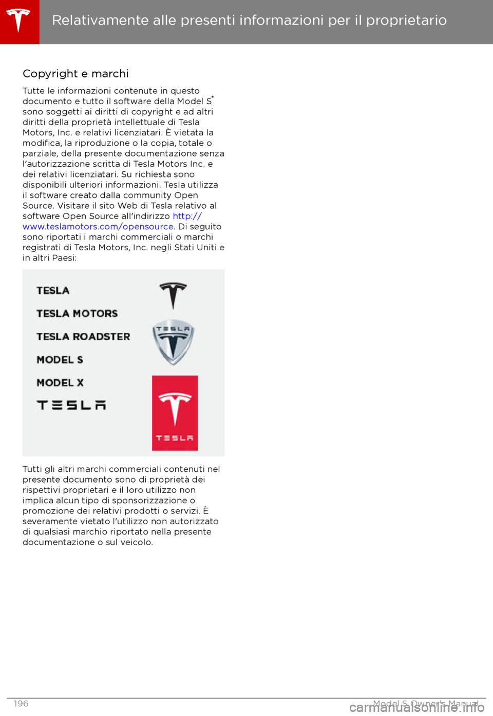 TESLA MODEL S 2017  Manuale del proprietario (in Italian) Copyright e marchiTutte le informazioni contenute in questo
documento e tutto il software della Model S 