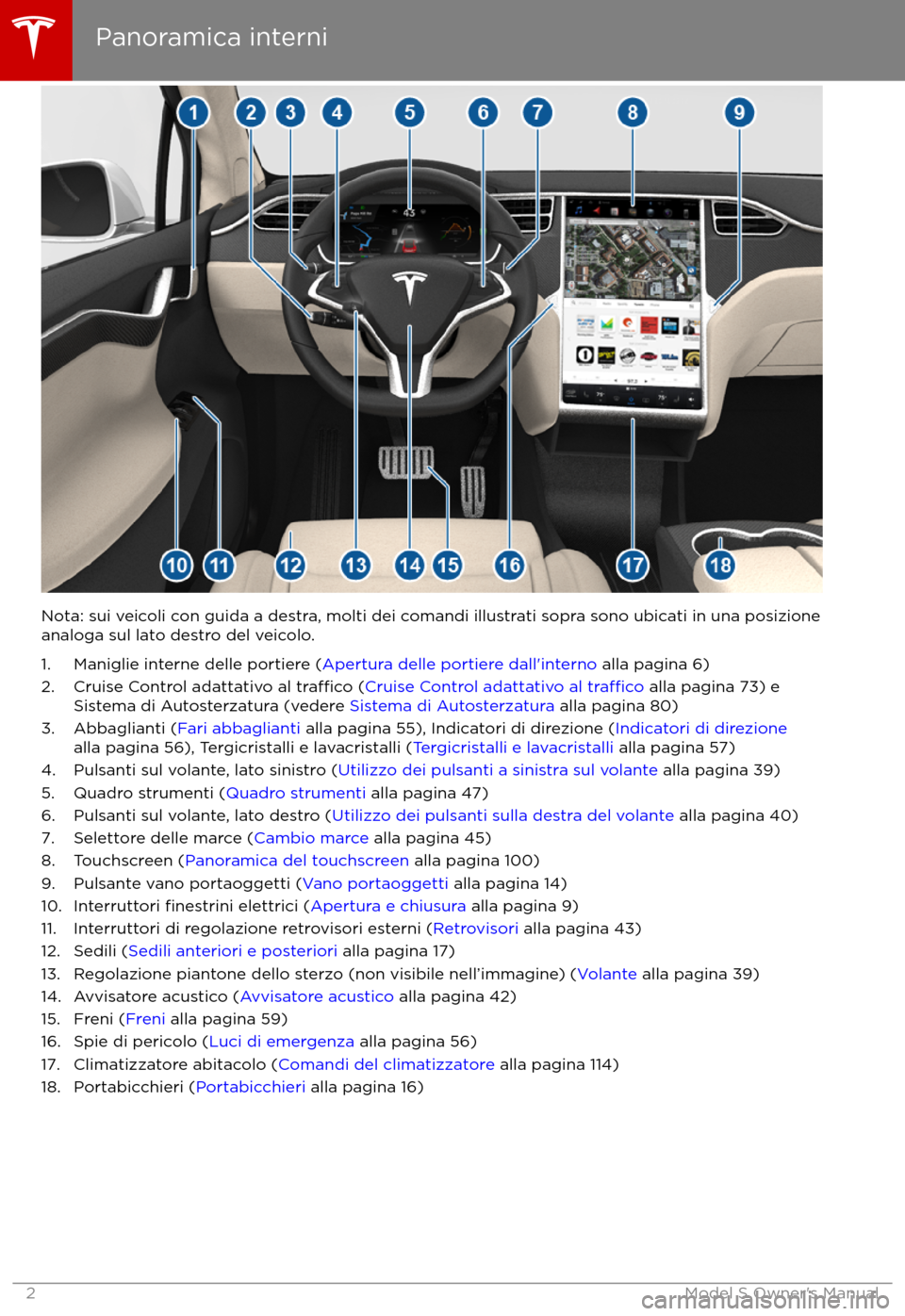 TESLA MODEL S 2017 Manuale del proprietario (in Italian) Nota: sui veicoli con guida a destra, molti dei comandi illustrati sopra sono ubicati in una posizione
analoga sul lato destro del veicolo.
1. Maniglie interne delle portiere ( Apertura delle portiere TESLA MODEL S 2017 Manuale del proprietario (in Italian) Nota: sui veicoli con guida a destra, molti dei comandi illustrati sopra sono ubicati in una posizione
analoga sul lato destro del veicolo.
1. Maniglie interne delle portiere ( Apertura delle portiere