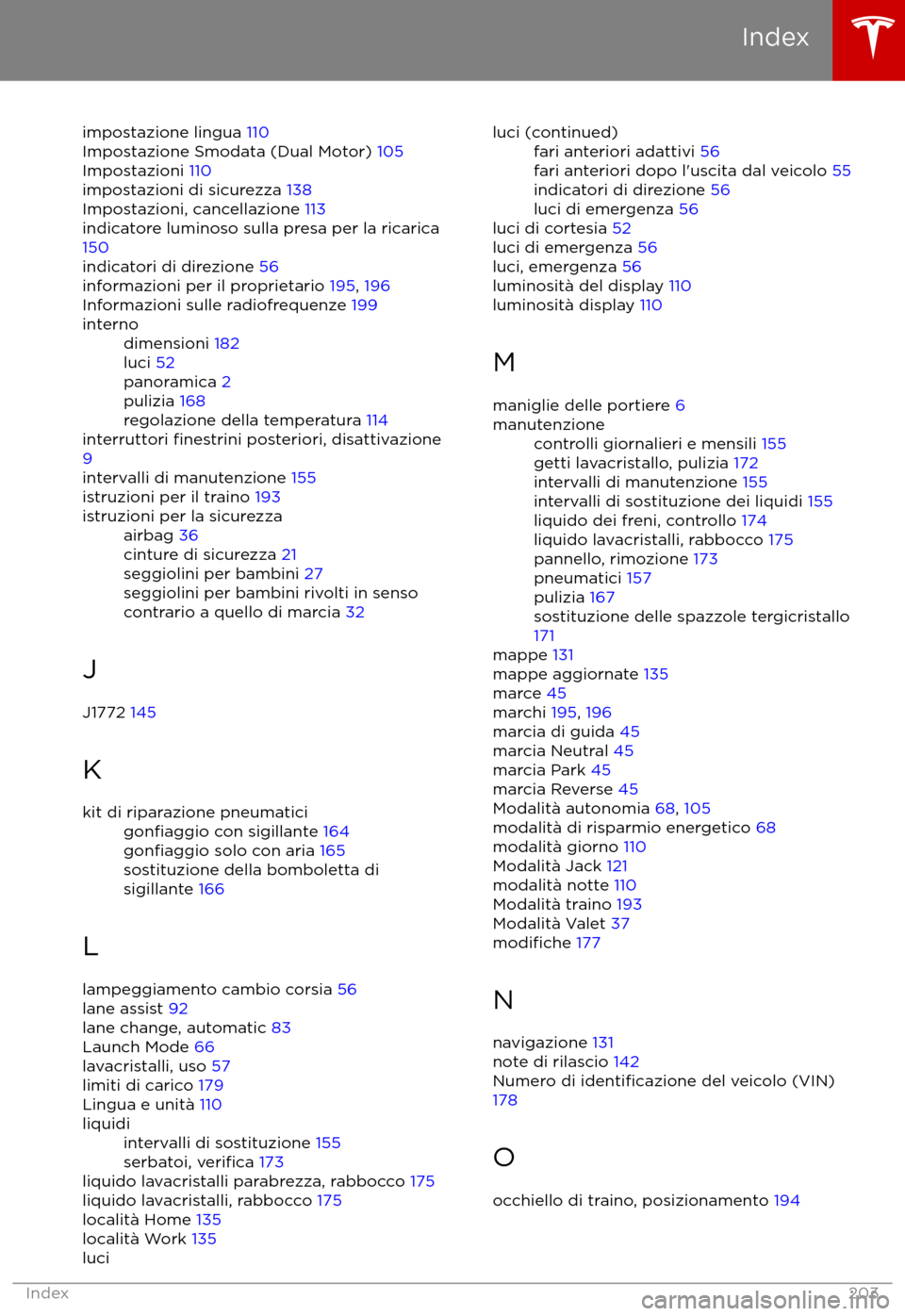 TESLA MODEL S 2017  Manuale del proprietario (in Italian) impostazione lingua 110
Impostazione Smodata (Dual Motor)  105
Impostazioni  110
impostazioni di sicurezza  138
Impostazioni, cancellazione  113
indicatore luminoso sulla presa per la ricarica 150
ind
