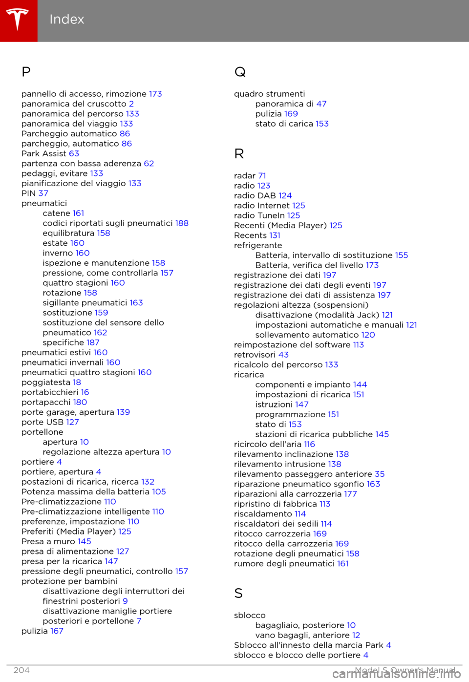 TESLA MODEL S 2017  Manuale del proprietario (in Italian) Ppannello di accesso, rimozione  173
panoramica del cruscotto  2
panoramica del percorso  133
panoramica del viaggio  133
Parcheggio automatico  86
parcheggio, automatico  86
Park Assist  63
partenza 