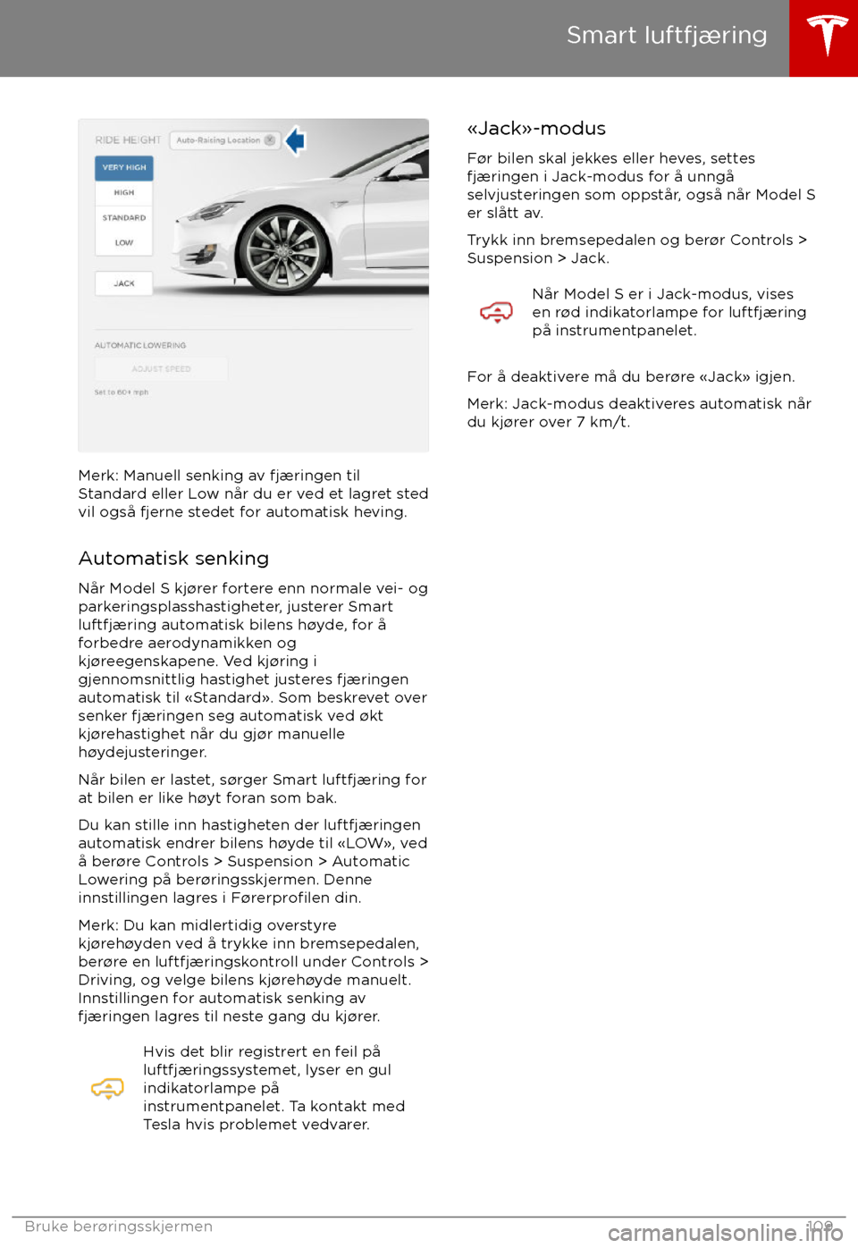 TESLA MODEL S 2017 Brukerhåndbok (in Norwegian) Merk: Manuell senking av fj TESLA MODEL S 2017 Brukerhåndbok (in Norwegian) Merk: Manuell senking av fj