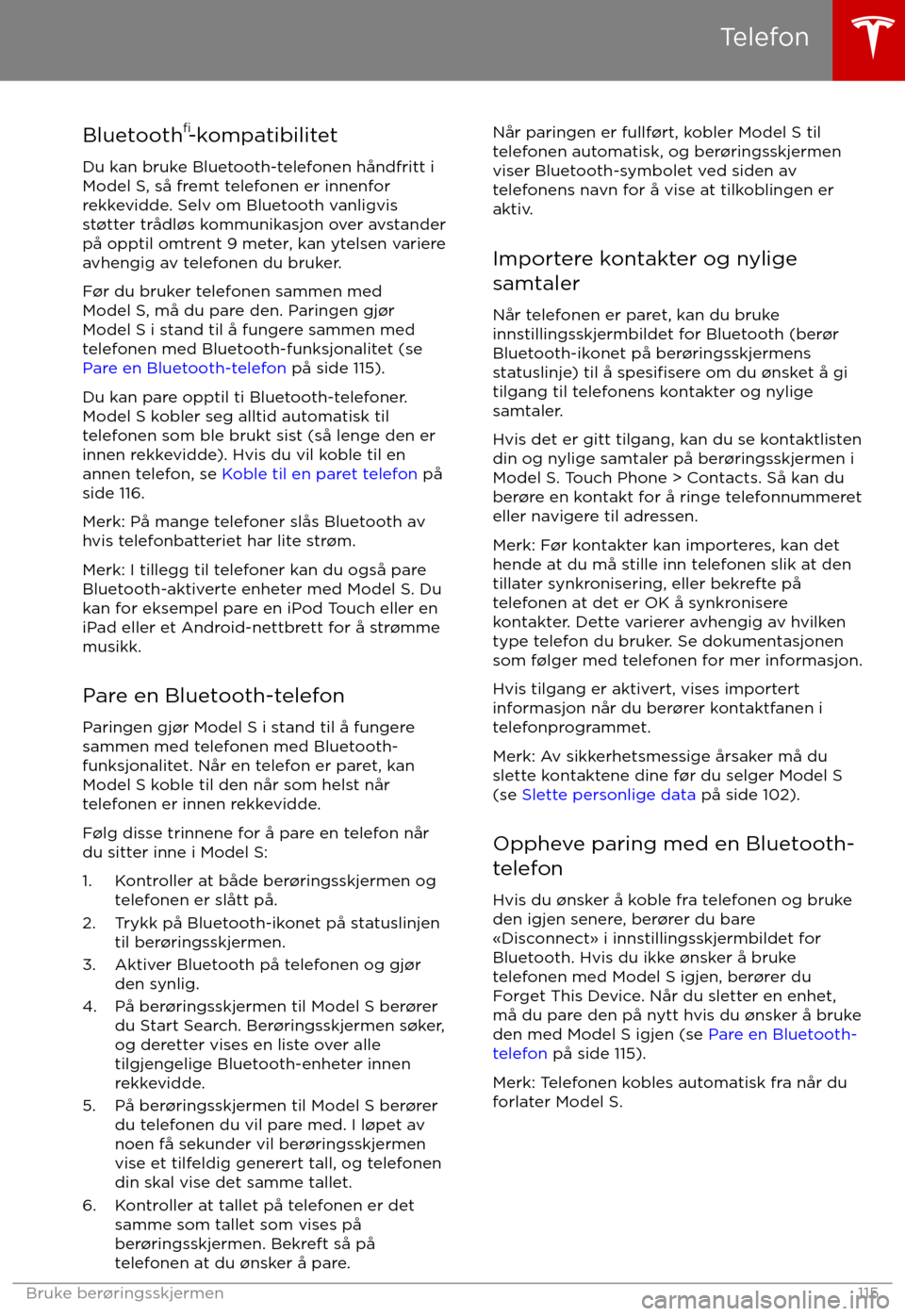 TESLA MODEL S 2017  Brukerhåndbok (in Norwegian) Bluetooth