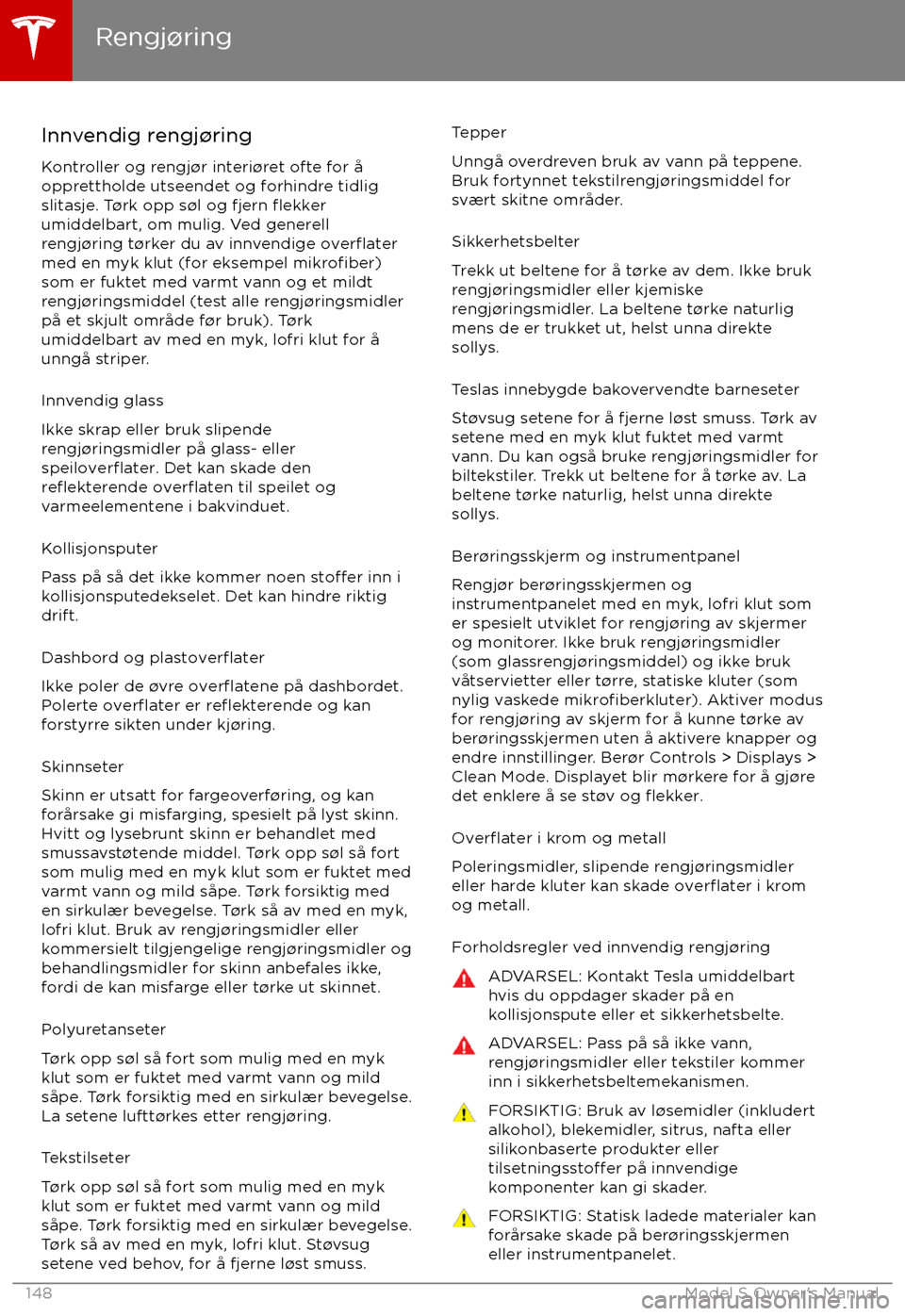 TESLA MODEL S 2017  Brukerhåndbok (in Norwegian) Innvendig rengj