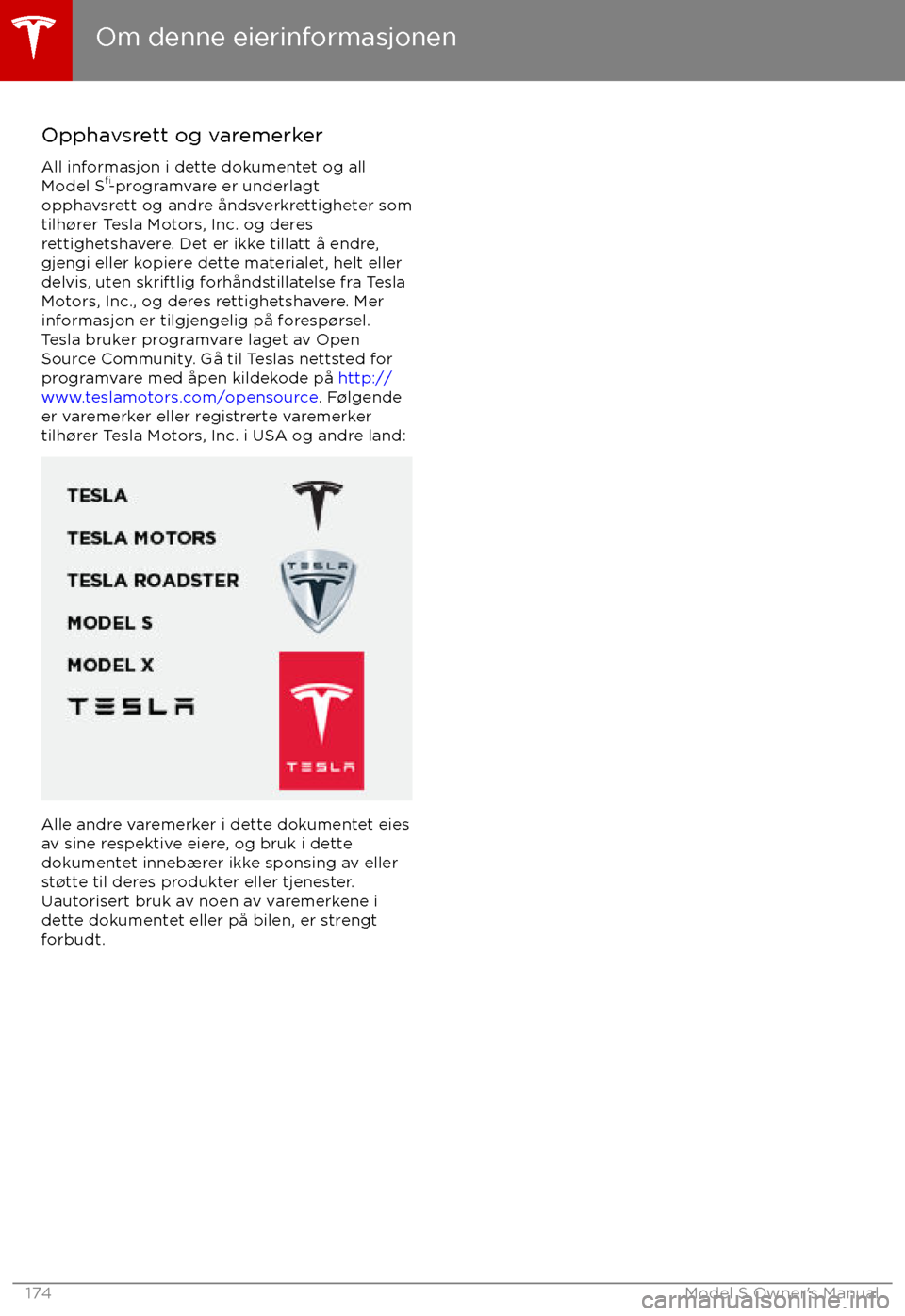 TESLA MODEL S 2017  Brukerhåndbok (in Norwegian) Opphavsrett og varemerker
All informasjon i dette dokumentet og all
Model S 