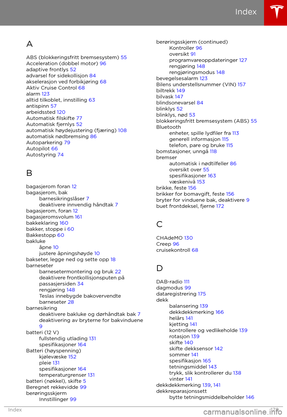 TESLA MODEL S 2017  Brukerhåndbok (in Norwegian) AABS (blokkeringsfritt bremsesystem)  55
Acceleration (dobbel motor)  96
adaptive frontlys  52
advarsel for sidekollisjon  84
akselerasjon ved forbikj