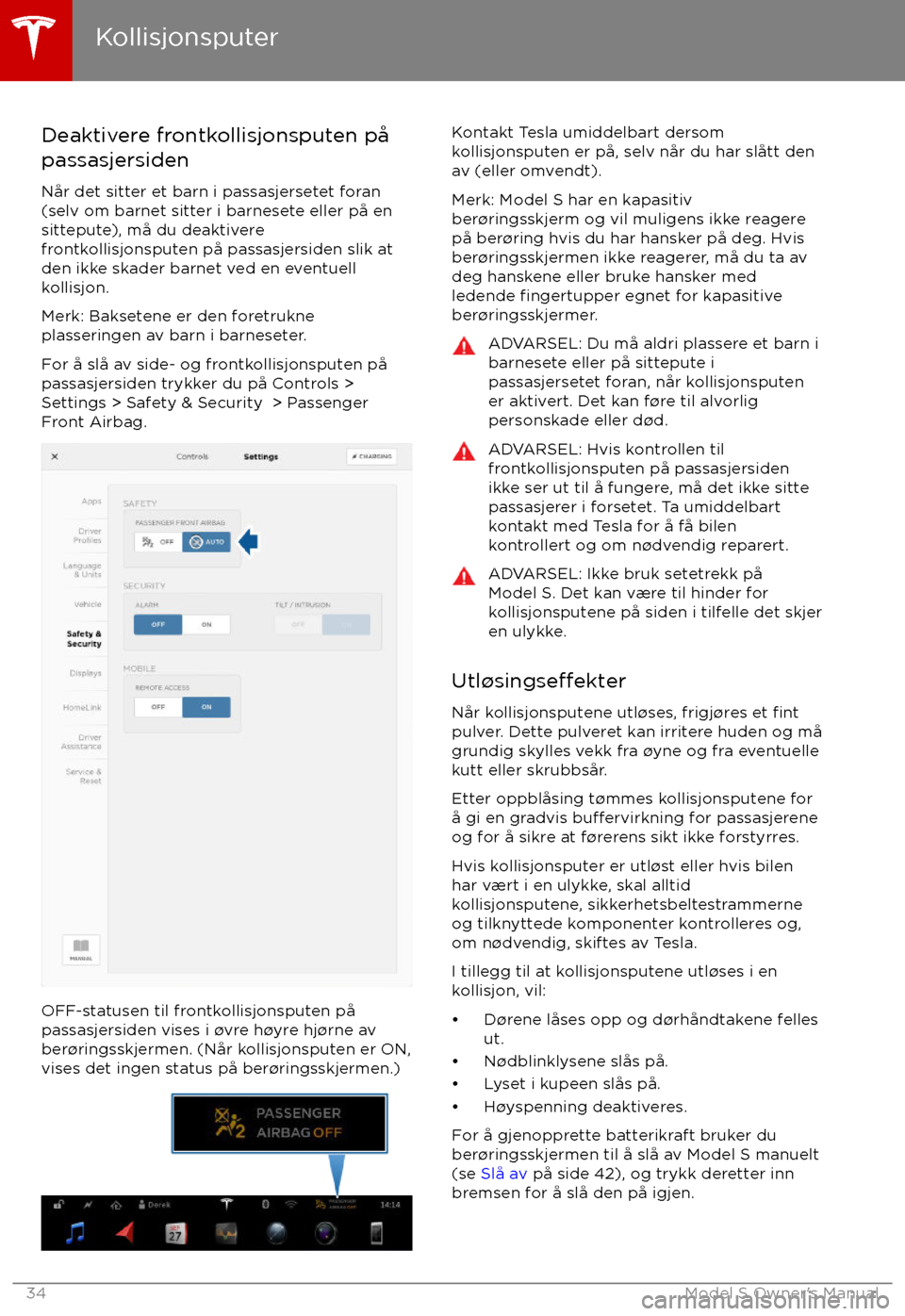 TESLA MODEL S 2017  Brukerhåndbok (in Norwegian) Deaktivere frontkollisjonsputen p