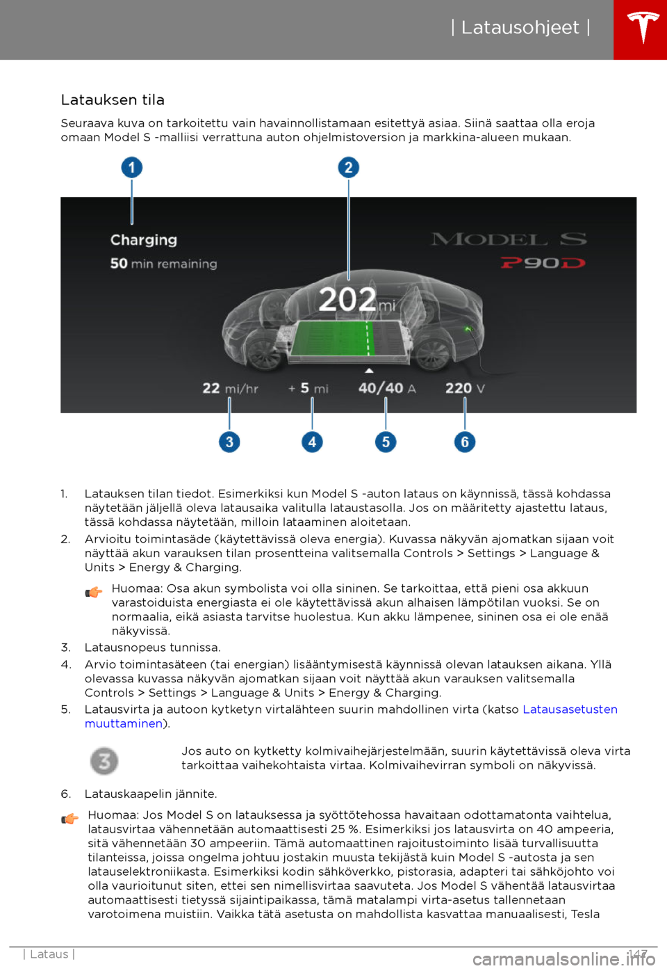 TESLA MODEL S 2017 Omistajan käsikirja (in Finnish) Latauksen tila
Seuraava kuva on tarkoitettu vain havainnollistamaan esitetty TESLA MODEL S 2017 Omistajan käsikirja (in Finnish) Latauksen tila
Seuraava kuva on tarkoitettu vain havainnollistamaan esitetty