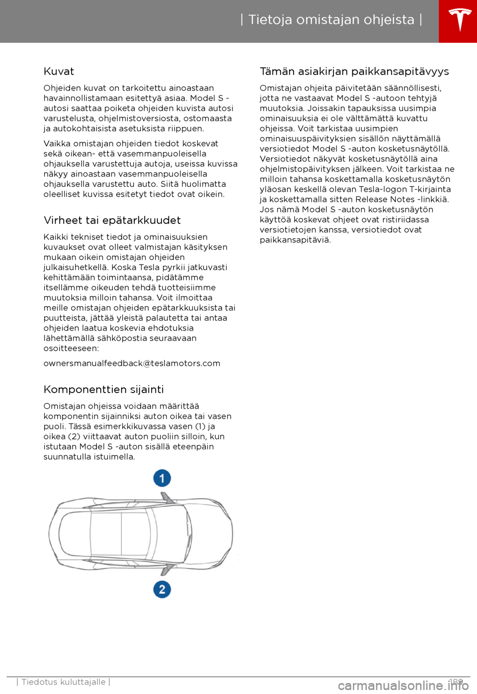 TESLA MODEL S 2017 Omistajan käsikirja (in Finnish) Kuvat
Ohjeiden kuvat on tarkoitettu ainoastaan
havainnollistamaan esitetty TESLA MODEL S 2017 Omistajan käsikirja (in Finnish) Kuvat
Ohjeiden kuvat on tarkoitettu ainoastaan
havainnollistamaan esitetty