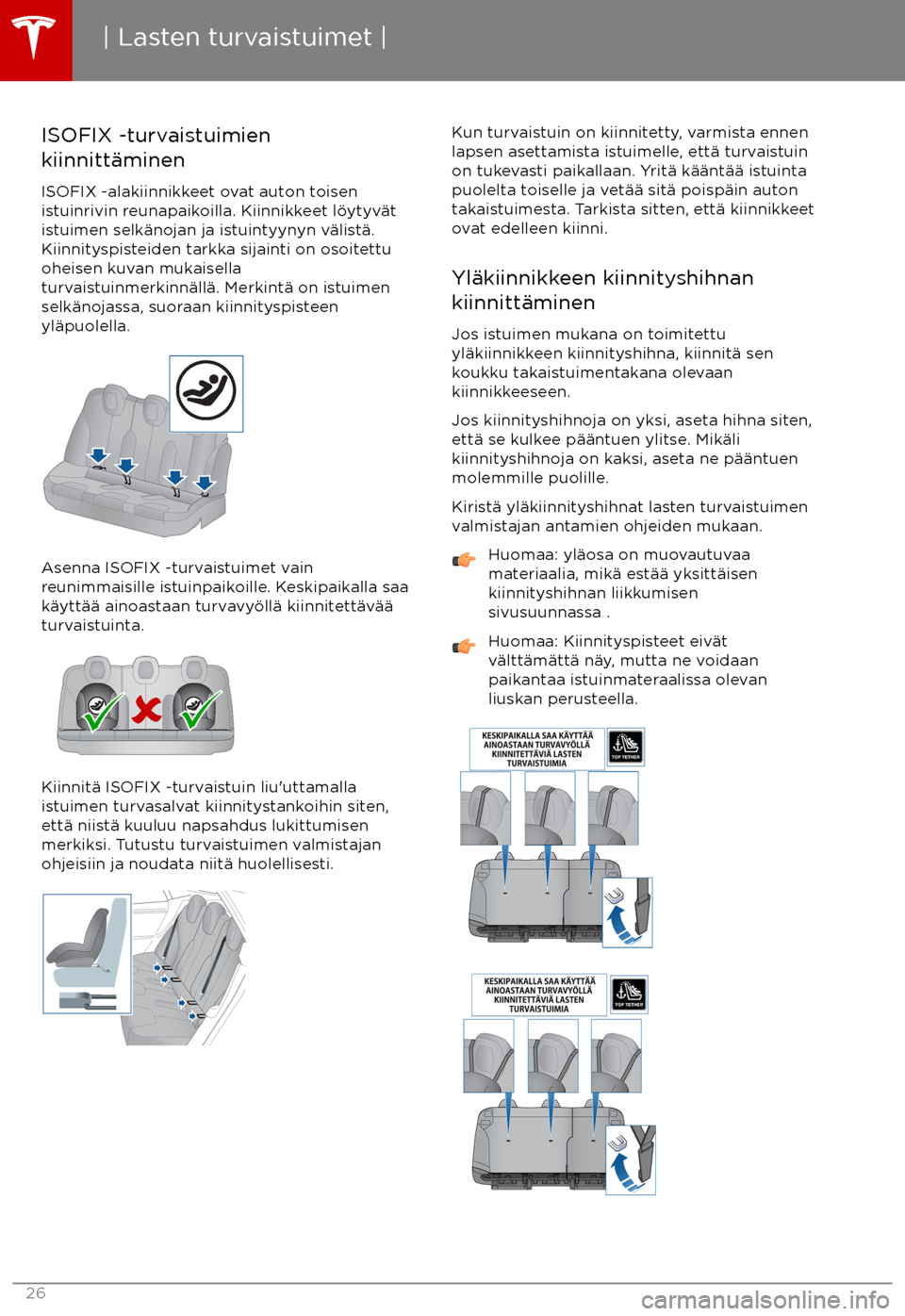 TESLA MODEL S 2017  Omistajan käsikirja (in Finnish) ISOFIX -turvaistuimien
kiinnitt