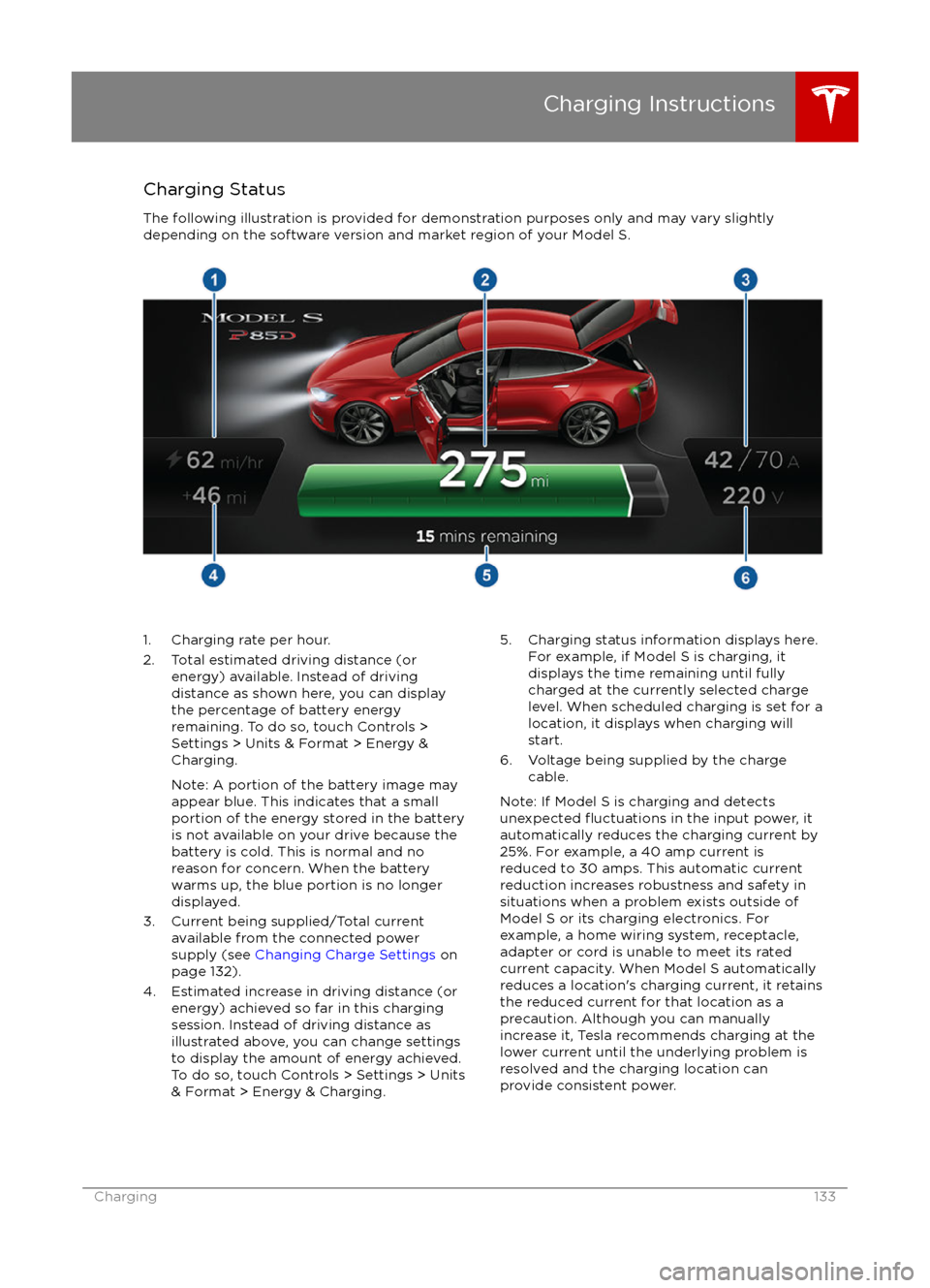 TESLA MODEL S 2016  Owners Manual Charging StatusThe following illustration is provided for demonstration purposes only and may vary slightly
depending on the software version and market region of your Model S.1. Charging rate per hou