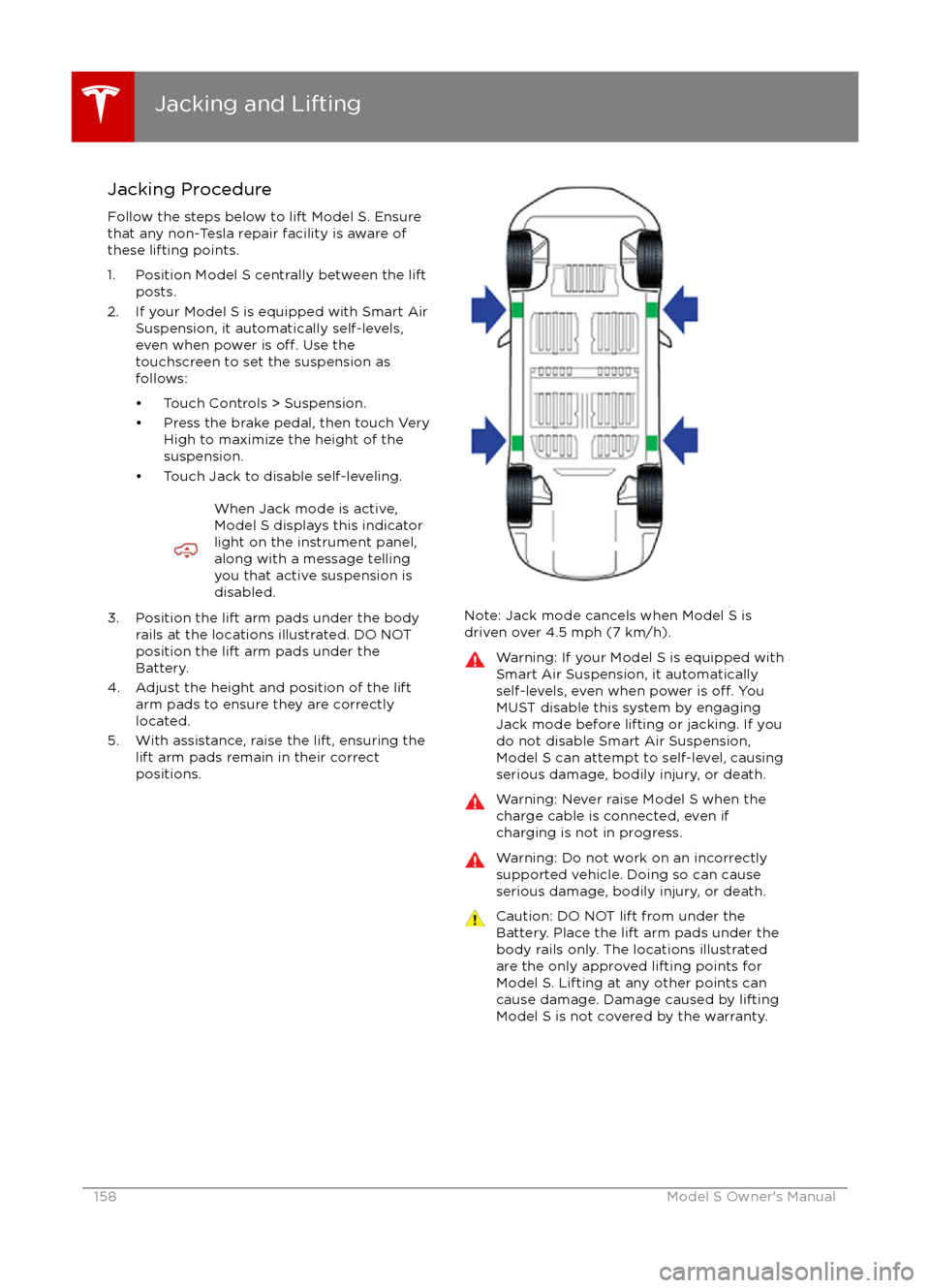 TESLA MODEL S 2016  Owners Manual Jacking Procedure
Follow the steps below to lift Model S. Ensure
that any non-Tesla repair facility is aware of
these lifting points.
1. Position Model S centrally between the lift posts.
2. If your M
