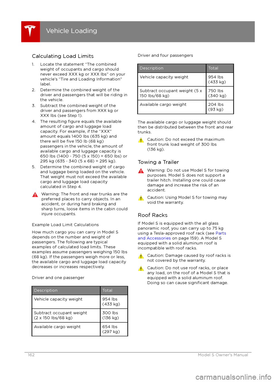 TESLA MODEL S 2016  Owners Manual Calculating Load Limits
1. Locate the statement “The combined weight of occupants and cargo shouldnever exceed XXX kg or XXX lbs” on your
vehicle