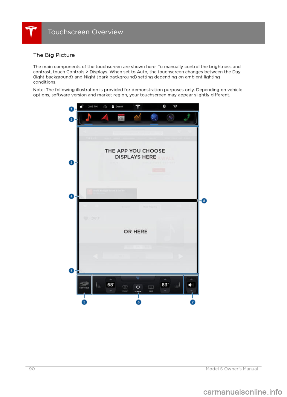TESLA MODEL S 2016 Owners Guide The Big PictureThe main components of the touchscreen are shown here. To manually control the brightness and
contrast, touch Controls > Displays. When set to Auto, the touchscreen changes between the TESLA MODEL S 2016 Owners Guide The Big PictureThe main components of the touchscreen are shown here. To manually control the brightness and
contrast, touch Controls > Displays. When set to Auto, the touchscreen changes between the