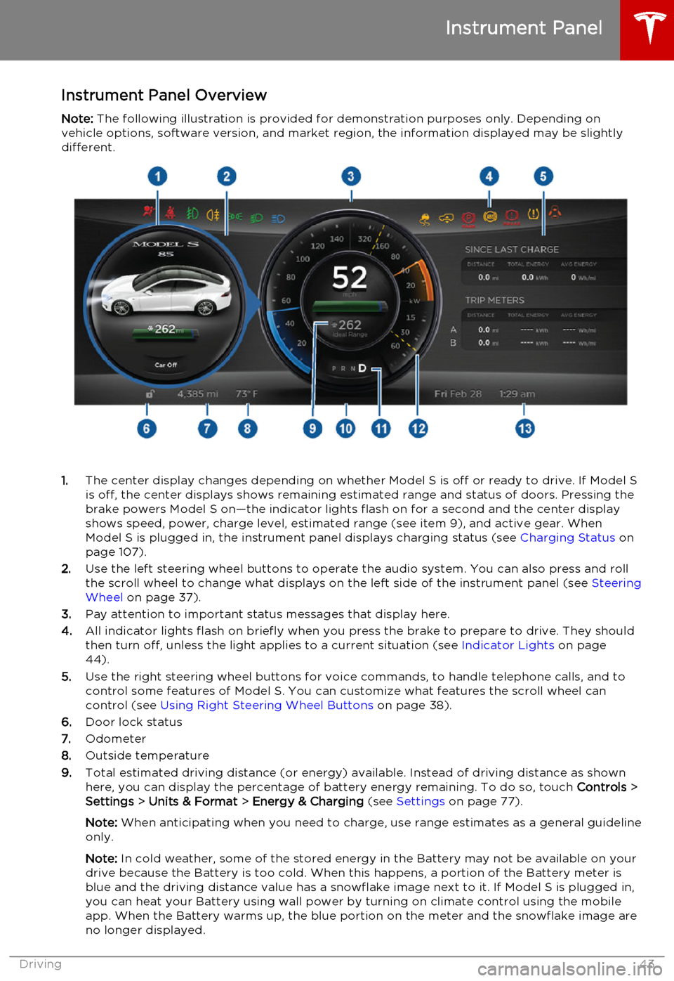TESLA MODEL S 2015 Service Manual Instrument Panel OverviewNote:  The following illustration is provided for demonstration purposes only. Depending on
vehicle options, software version, and market region, the information displayed may