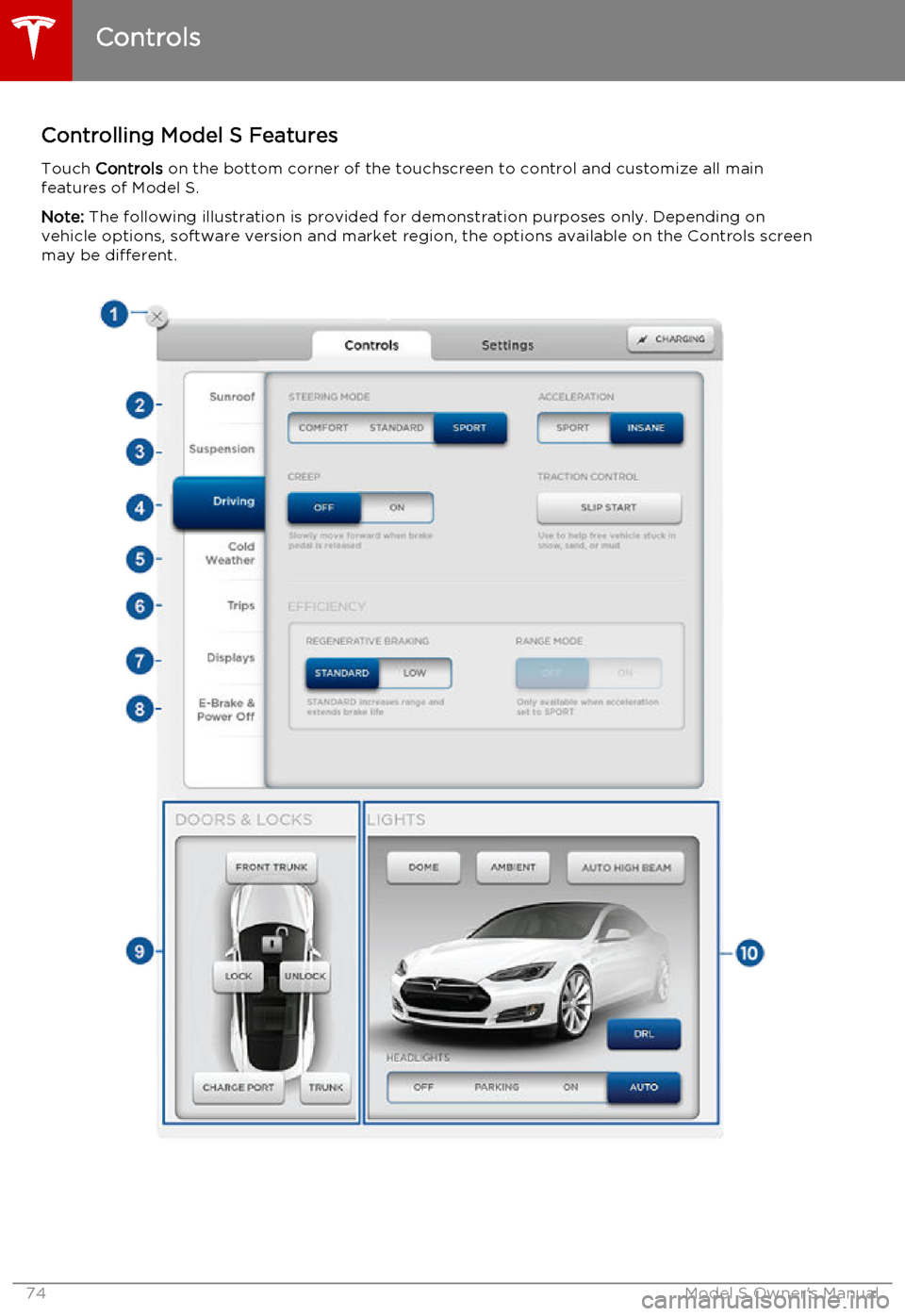 TESLA MODEL S 2015 Manual PDF Controlling Model S FeaturesTouch Controls on the bottom corner of the touchscreen to control and customize all main
features of Model S.
Note: The following illustration is provided for demonstrati TESLA MODEL S 2015 Manual PDF Controlling Model S FeaturesTouch Controls on the bottom corner of the touchscreen to control and customize all main
features of Model S.
Note: The following illustration is provided for demonstrati