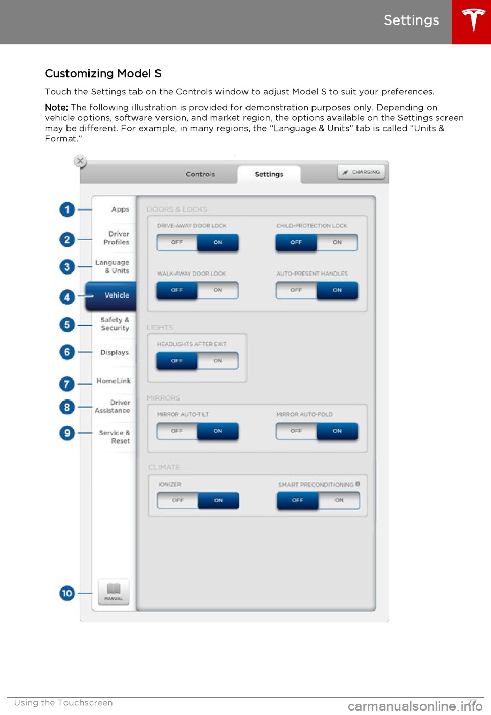 TESLA MODEL S 2015 Manual PDF Customizing Model STouch the Settings tab on the Controls window to adjust Model S to suit your preferences.Note: The following illustration is provided for demonstration purposes only. Depending on
TESLA MODEL S 2015 Manual PDF Customizing Model STouch the Settings tab on the Controls window to adjust Model S to suit your preferences.Note: The following illustration is provided for demonstration purposes only. Depending on