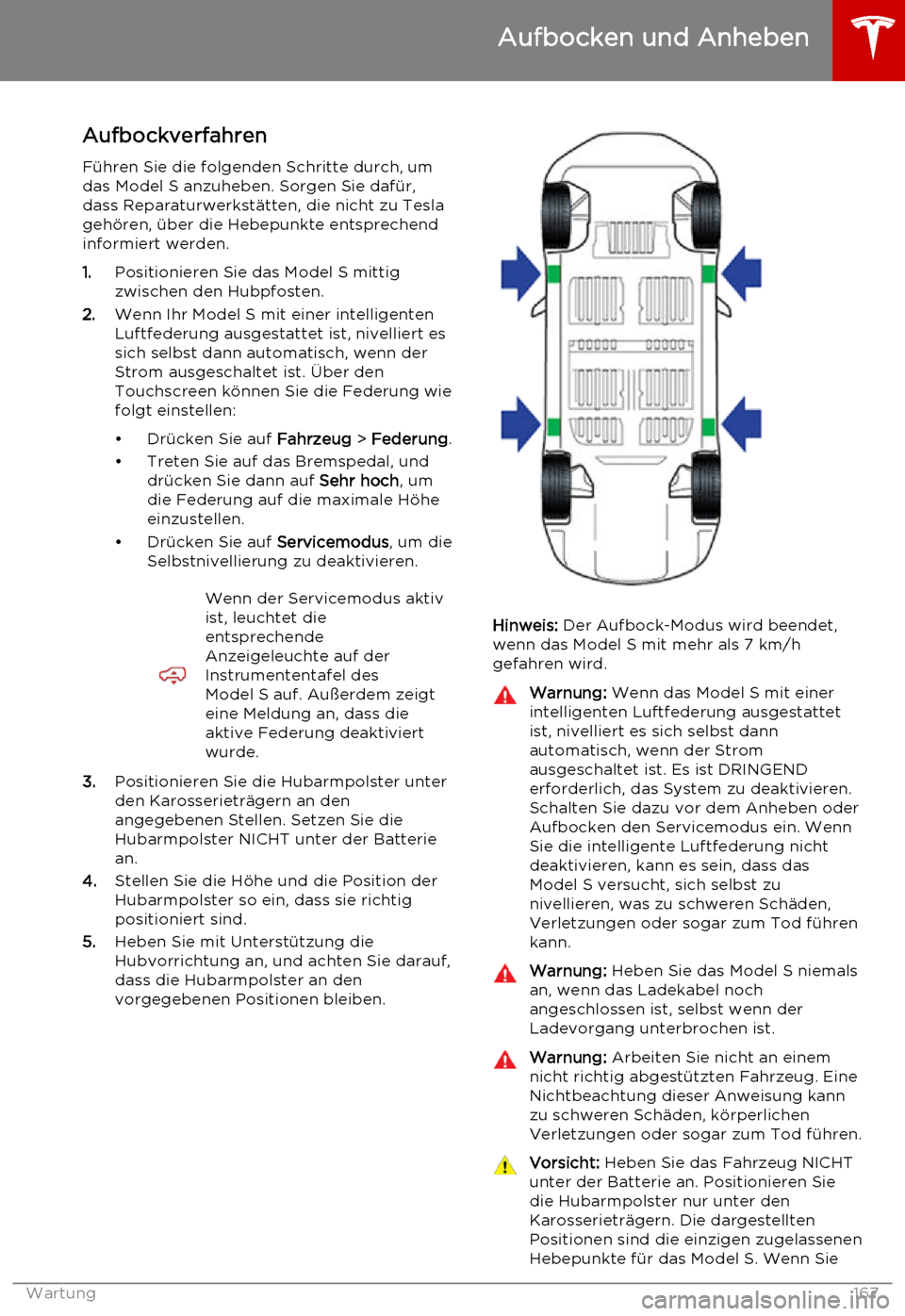 TESLA MODEL S 2015  Betriebsanleitung (in German) AufbockverfahrenFühren Sie die folgenden Schritte durch, um
das Model S anzuheben. Sorgen Sie dafür, dass Reparaturwerkstätten, die nicht zu Tesla
gehören, über die Hebepunkte entsprechend inform