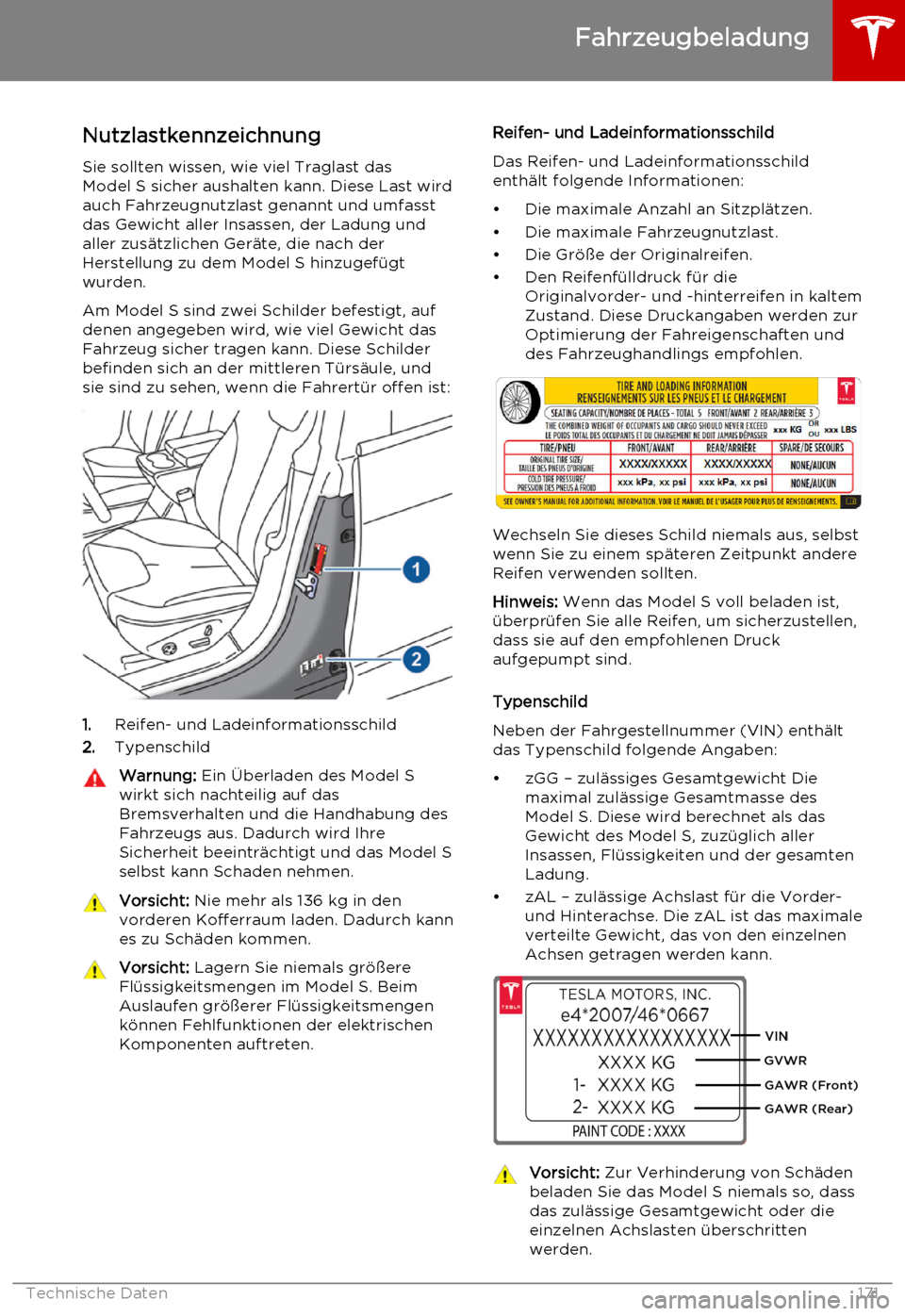 TESLA MODEL S 2015 Betriebsanleitung (in German) (199 Pages), Page Nutzlastkennzeichnung Sie sollten wissen, wie ...